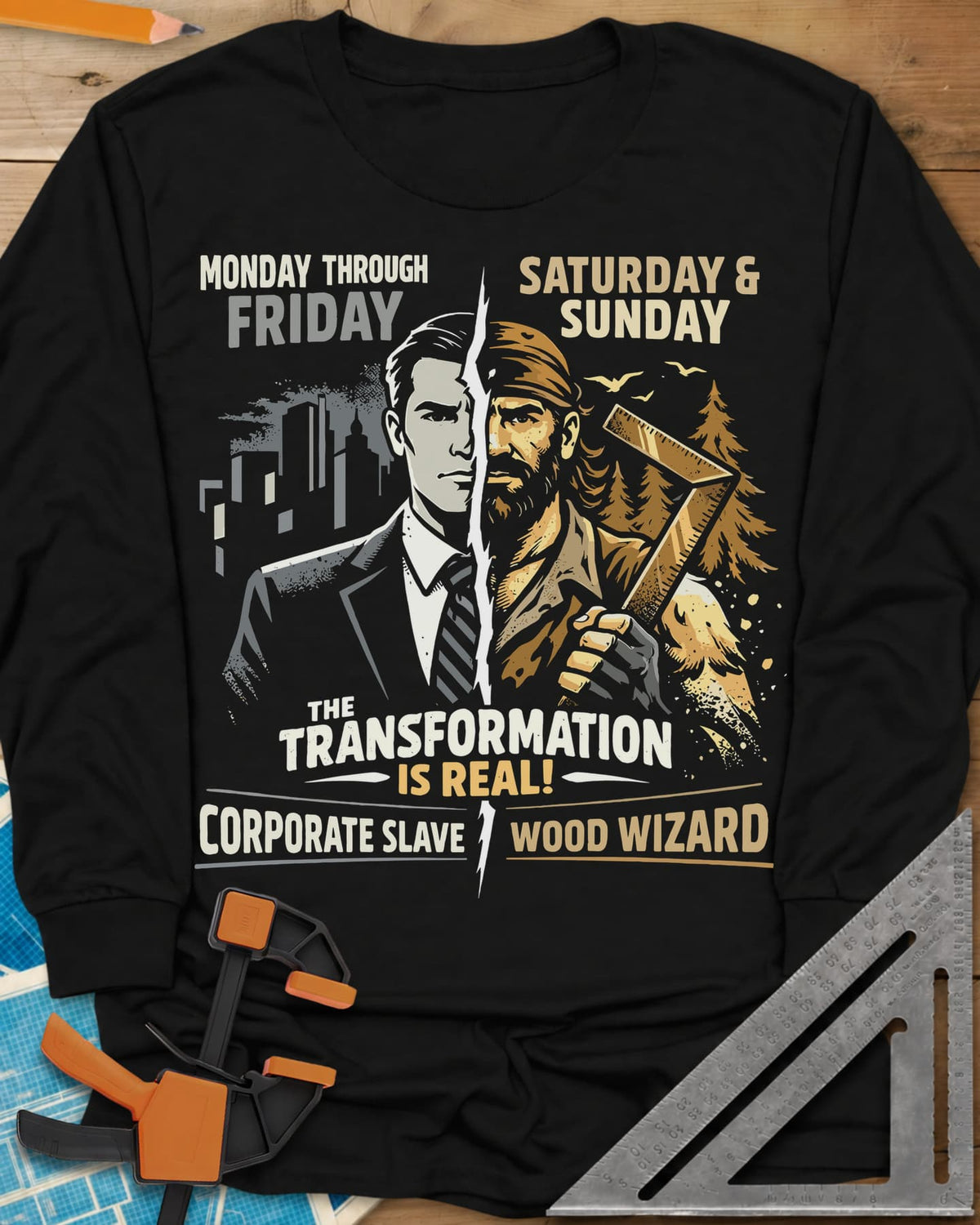 Wood Wizard long sleeve shirt in Black, a suited office man split with a bearded woodworker holding a square