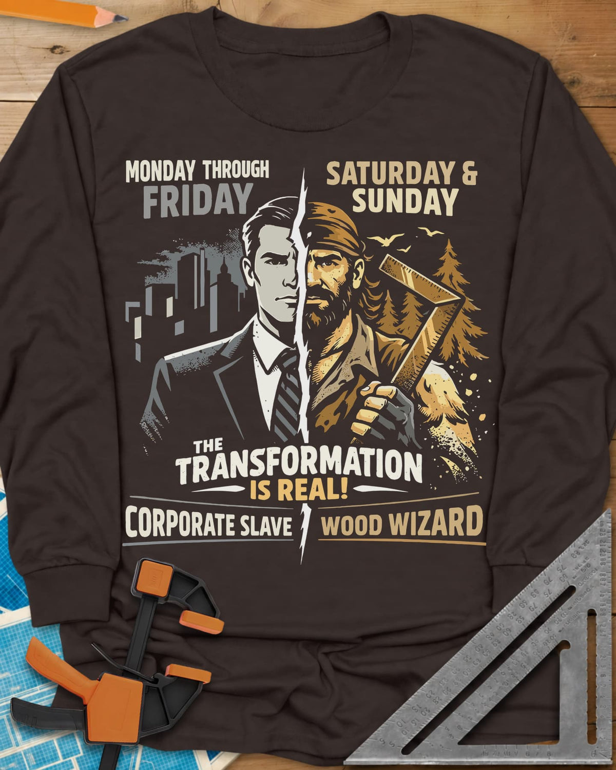 Wood Wizard long sleeve shirt in Dark Chocolate, a suited office man split with a bearded woodworker holding a square