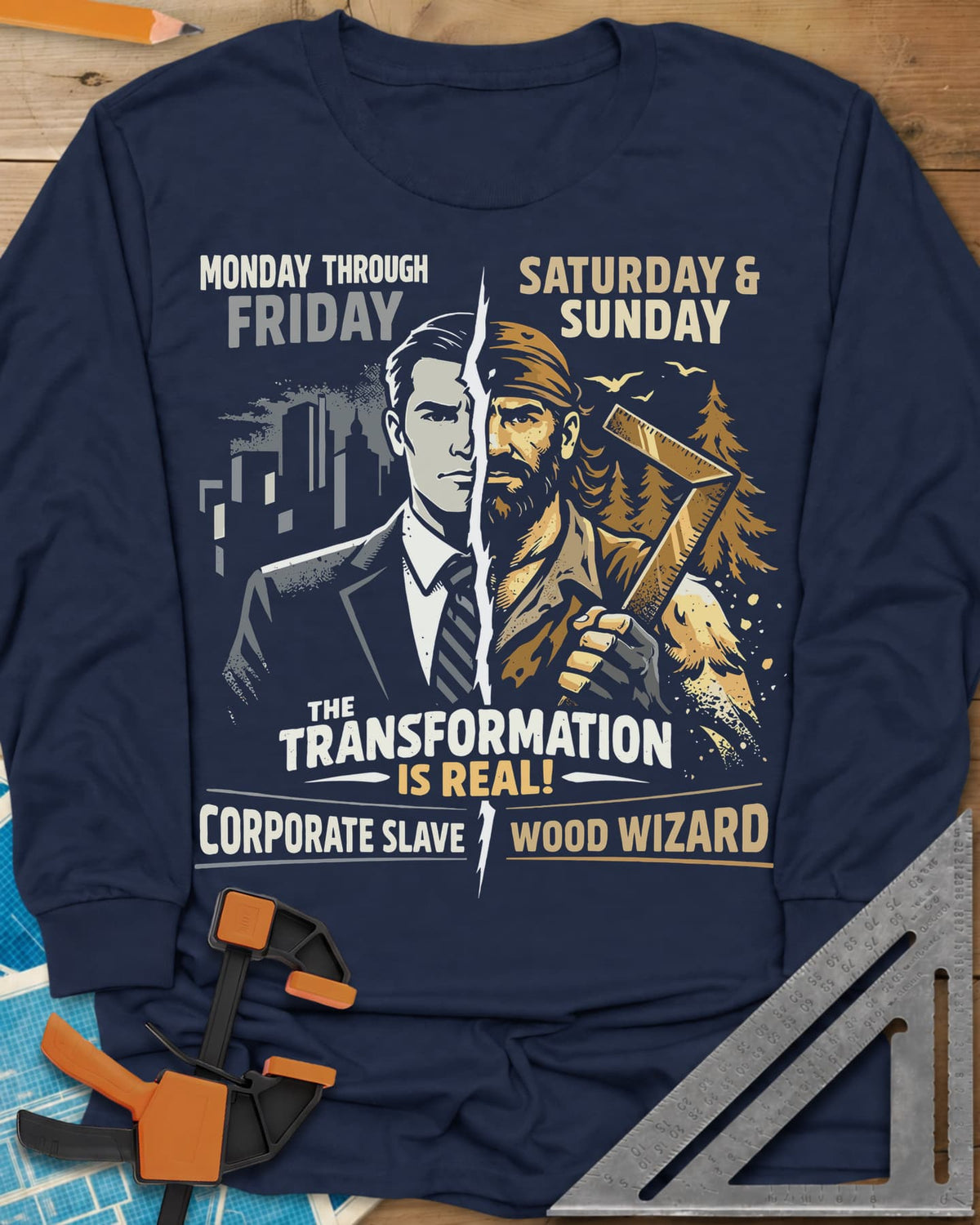 Wood Wizard long sleeve shirt in Navy, a suited office man split with a bearded woodworker holding a square