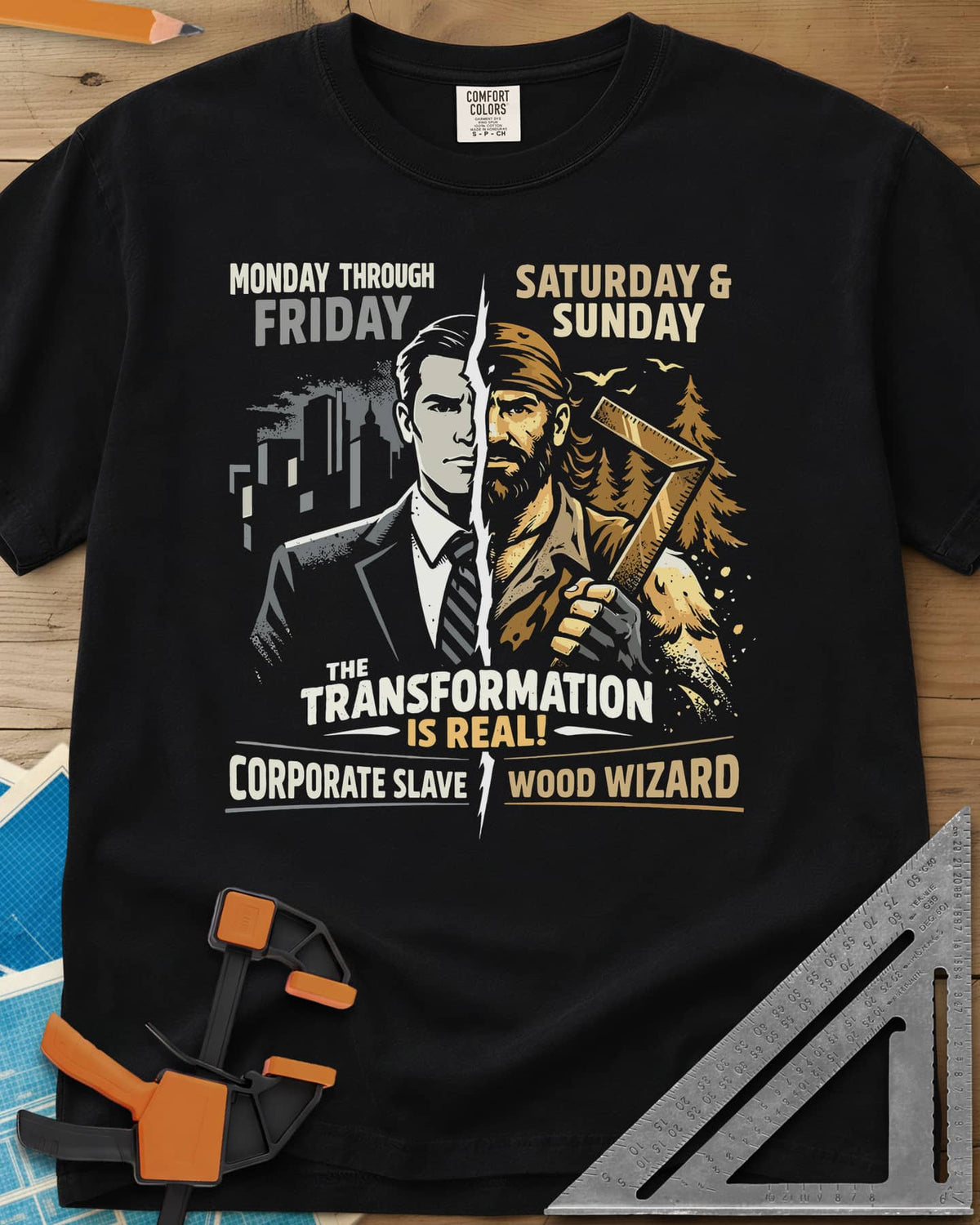 Wood Wizard heavyweight tee in Black, a suited office man split with a bearded woodworker holding a square