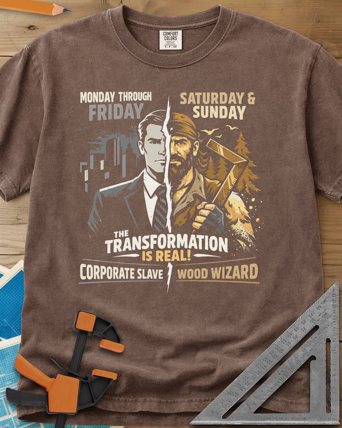 Wood Wizard heavyweight tee in Espresso, a suited office man split with a bearded woodworker holding a square