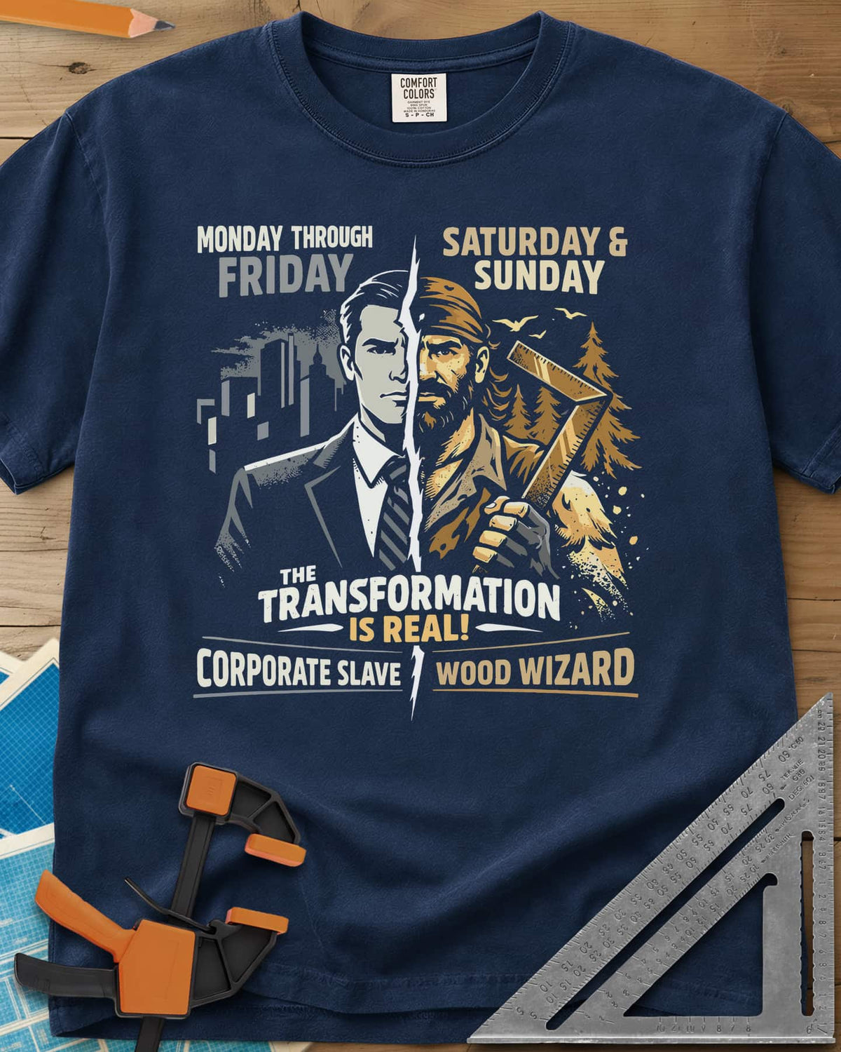 Wood Wizard heavyweight tee in Navy, a suited office man split with a bearded woodworker holding a square