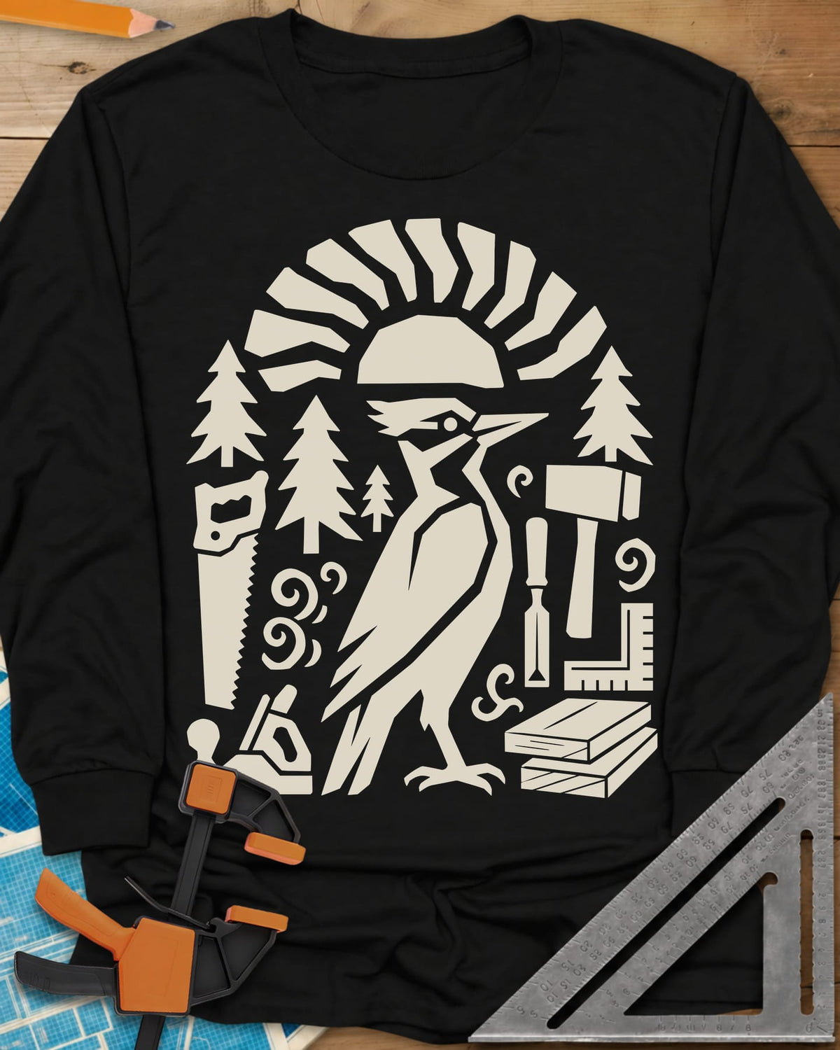 Woodpecker Craft long sleeve shirt in Black, a geometric woodpecker among saws, planes, chisels and pine trees