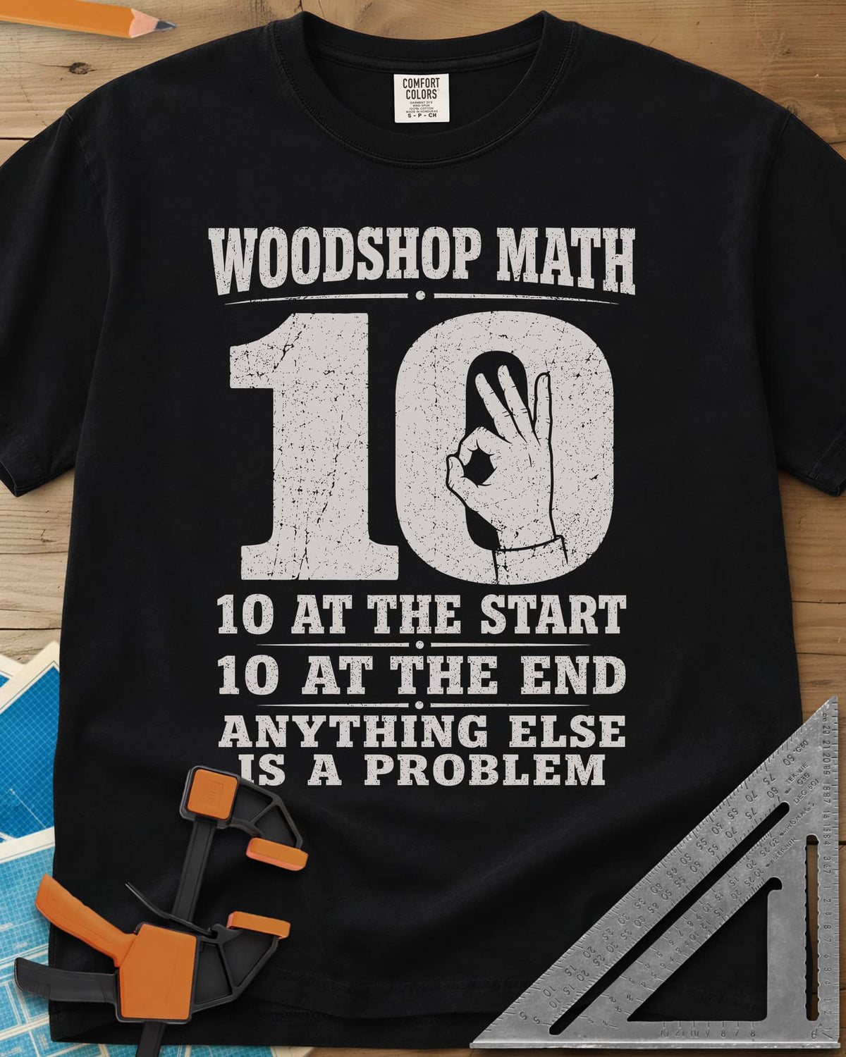 Woodshop Math heavyweight tee in Black, a big worn 10 with an OK-sign hand inside the zero