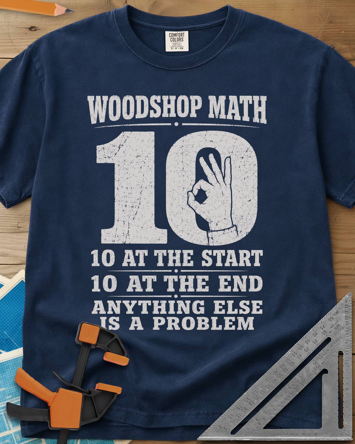 Woodshop Math heavyweight tee in Navy, a big worn 10 with an OK-sign hand inside the zero