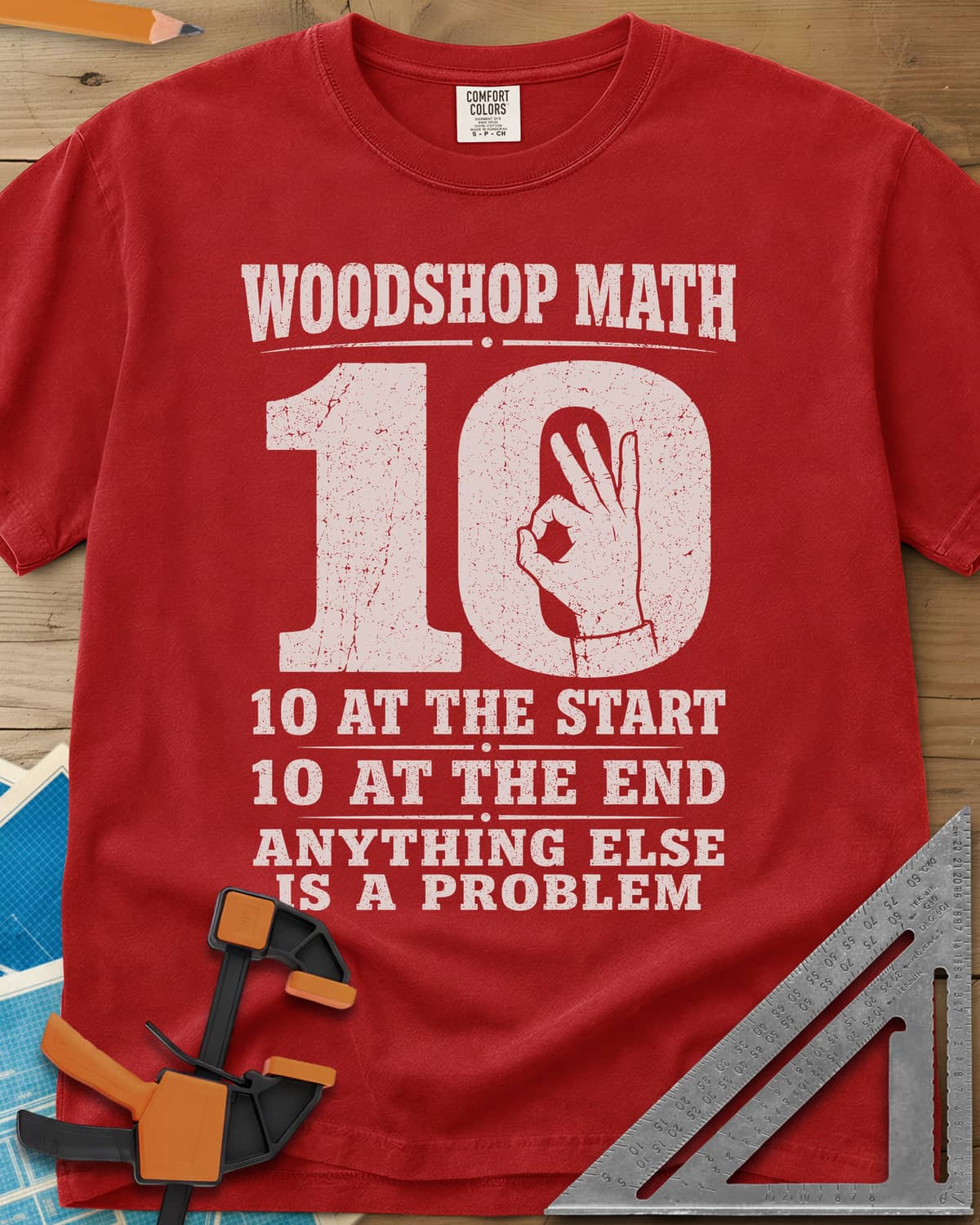 Woodshop Math heavyweight tee in Red, a big worn 10 with an OK-sign hand inside the zero