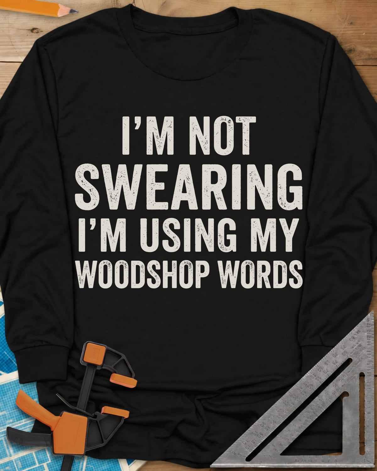 Woodshop Words long sleeve shirt in Black, distressed all-caps lettering, no graphics