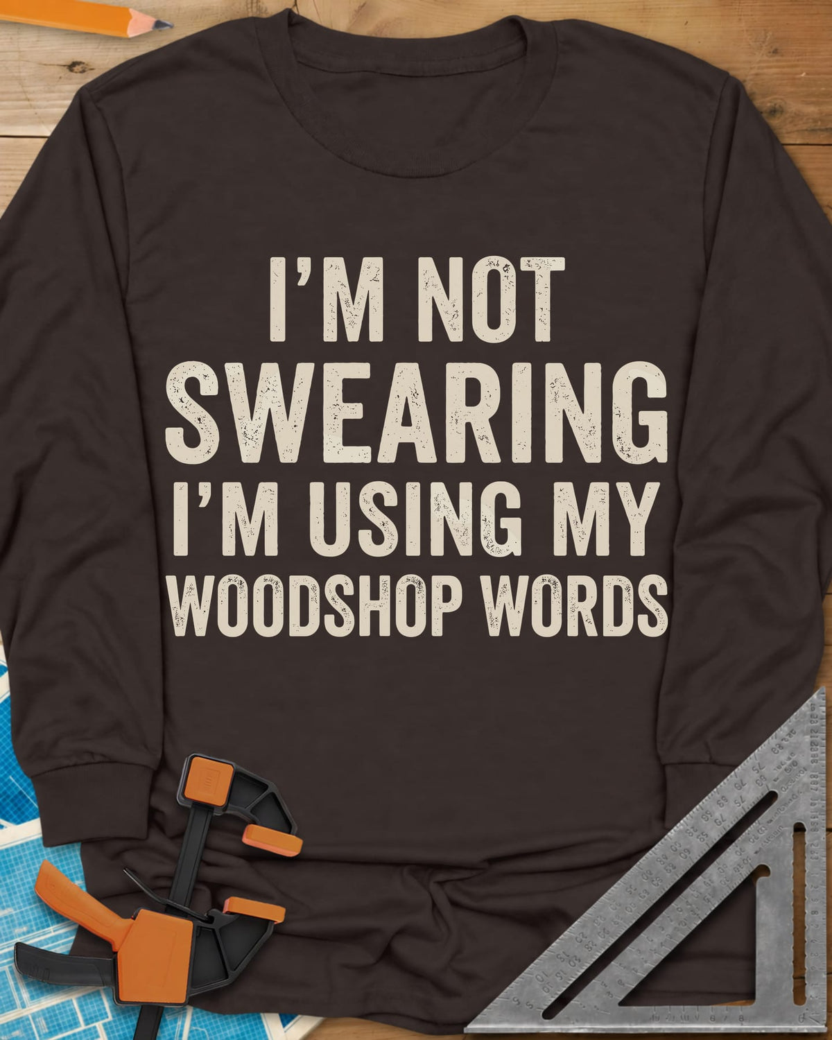 Woodshop Words long sleeve shirt in Dark Chocolate, distressed all-caps lettering, no graphics