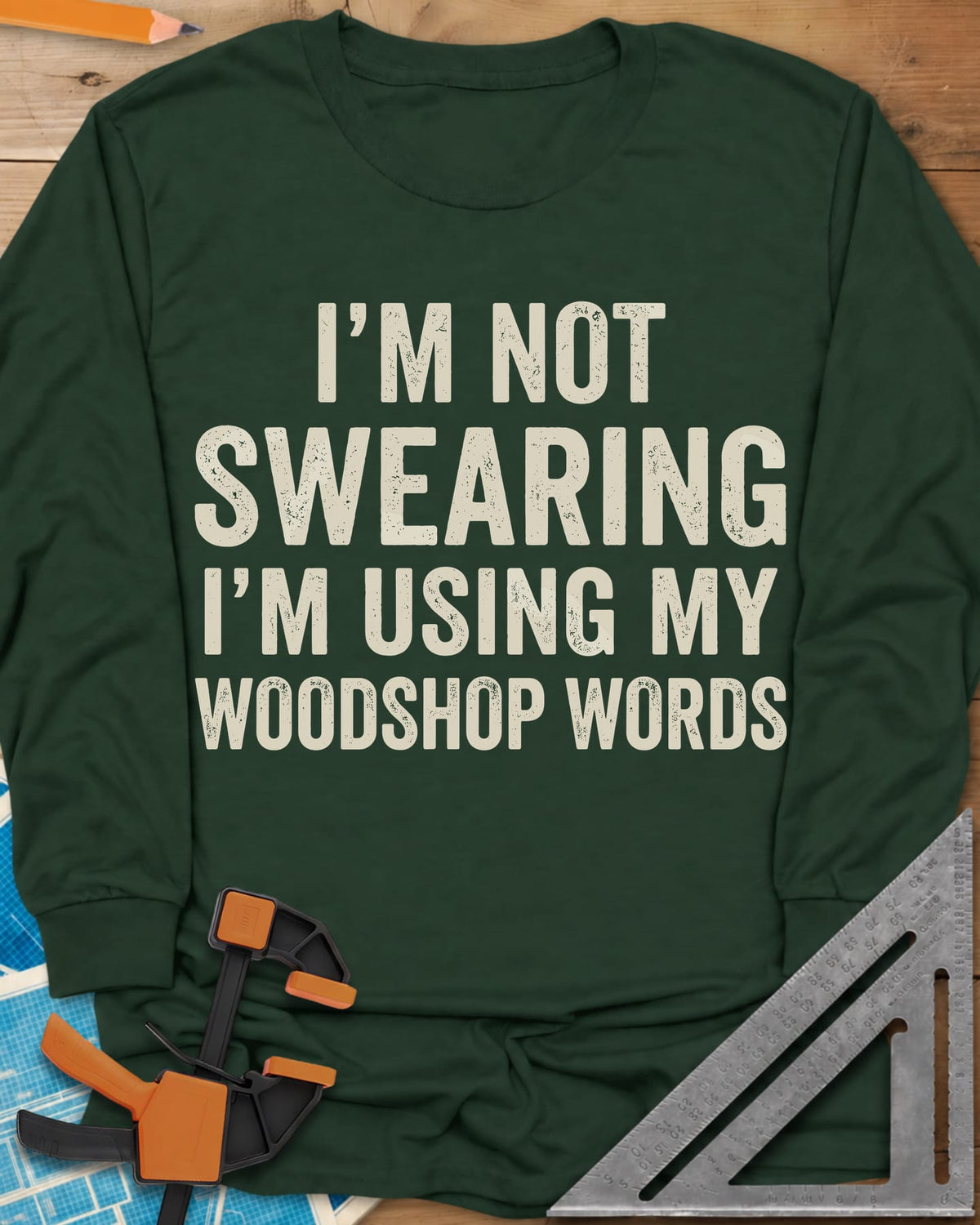 Woodshop Words long sleeve shirt in Forest Green, distressed all-caps lettering, no graphics