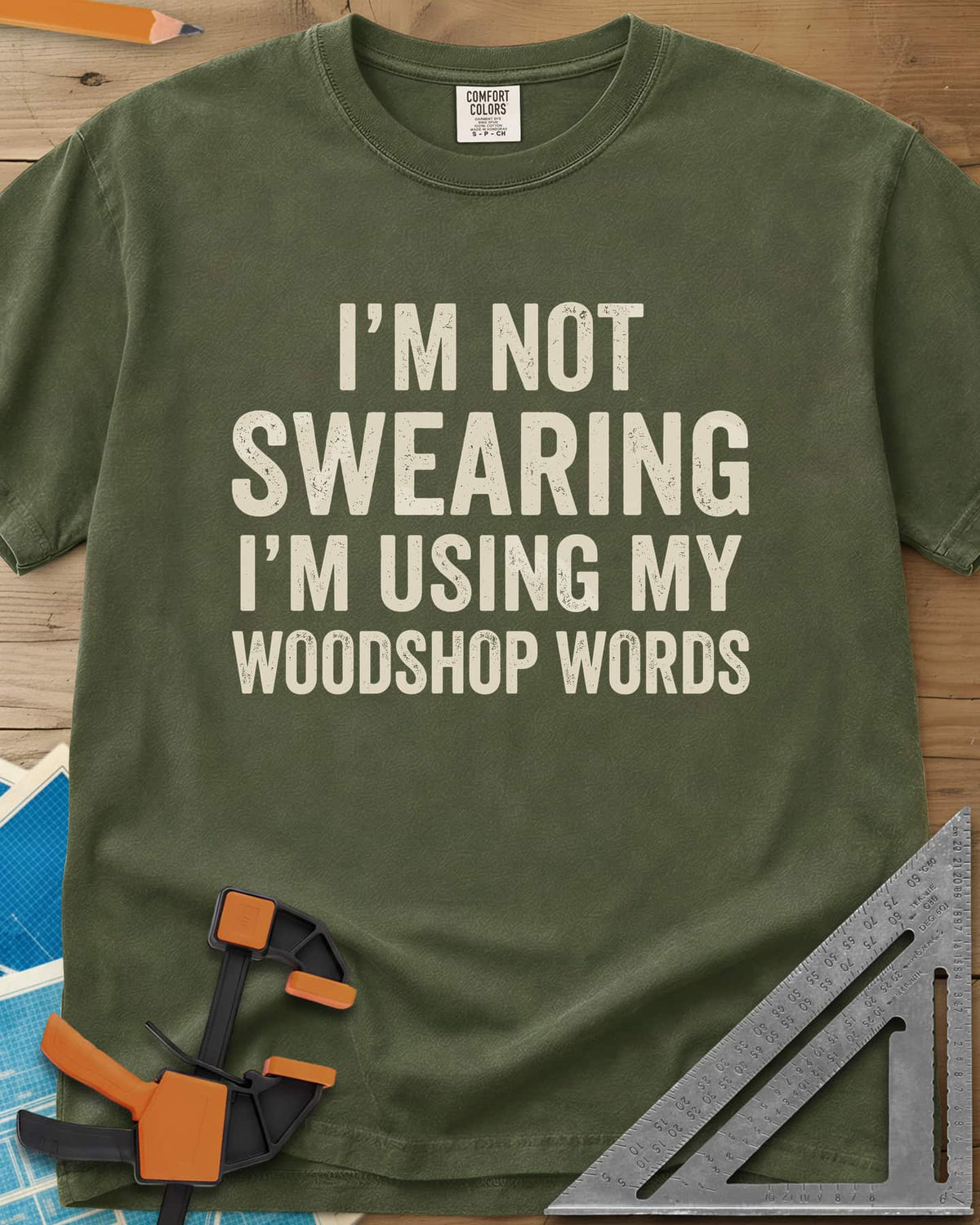 Woodshop Words heavyweight tee in Hemp, distressed all-caps lettering, no graphics