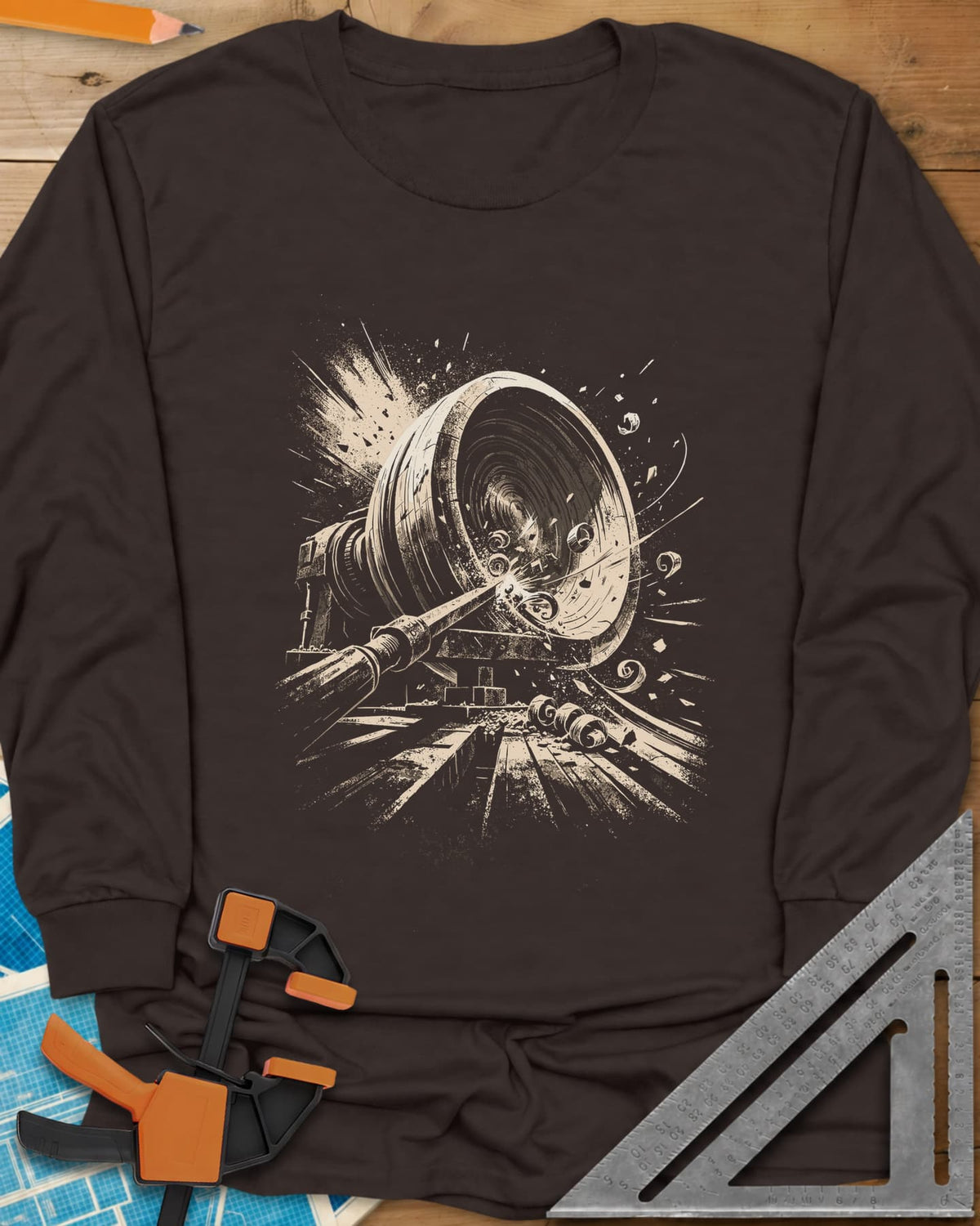 Woodturning Fury long sleeve shirt in Dark Chocolate, a wood lathe mid-cut with shavings and chips flying