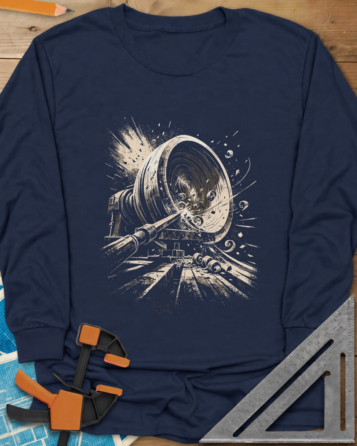 Woodturning Fury long sleeve shirt in Navy, a wood lathe mid-cut with shavings and chips flying