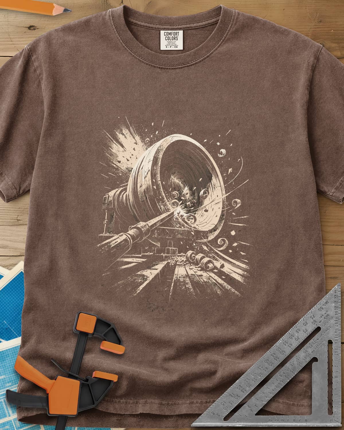 Woodturning Fury heavyweight tee in Espresso, a wood lathe mid-cut with shavings and chips flying