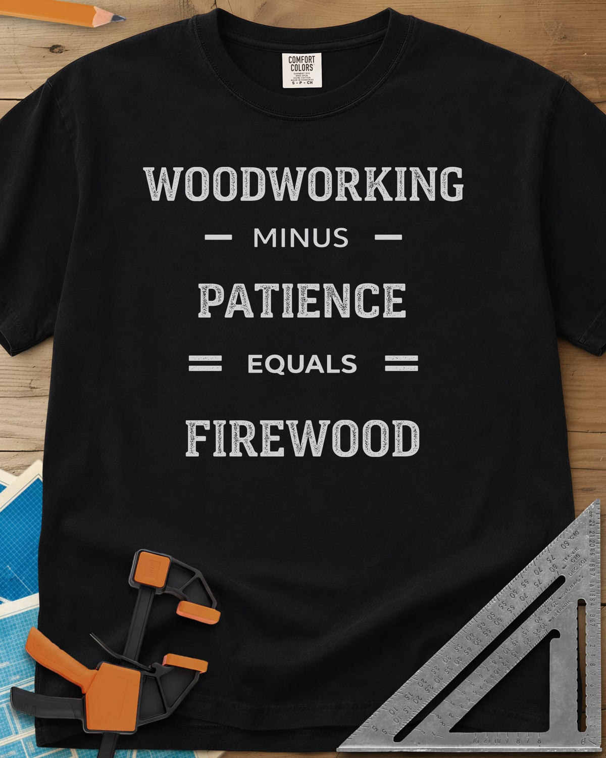 Woodwork Minus Patience heavyweight tee in Black, varsity lettering set out as a minus-and-equals sum