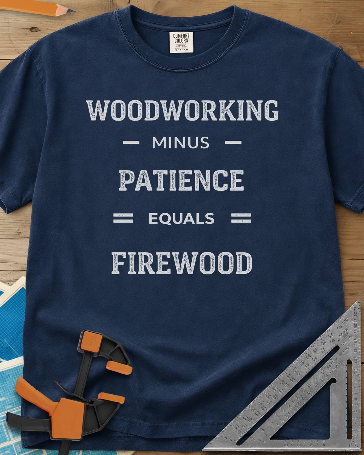 Woodwork Minus Patience heavyweight tee in Navy, varsity lettering set out as a minus-and-equals sum
