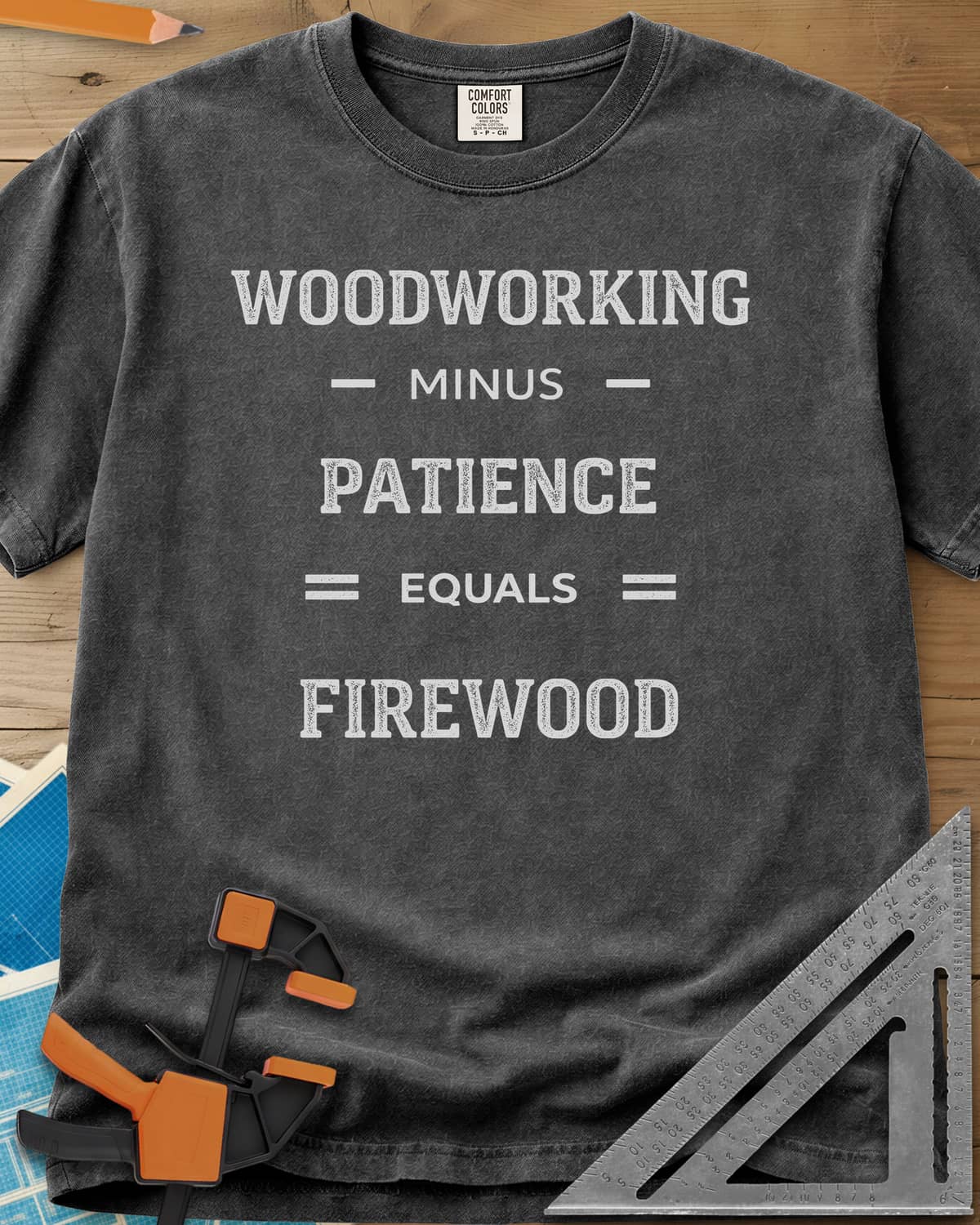 Woodwork Minus Patience heavyweight tee in Pepper, varsity lettering set out as a minus-and-equals sum