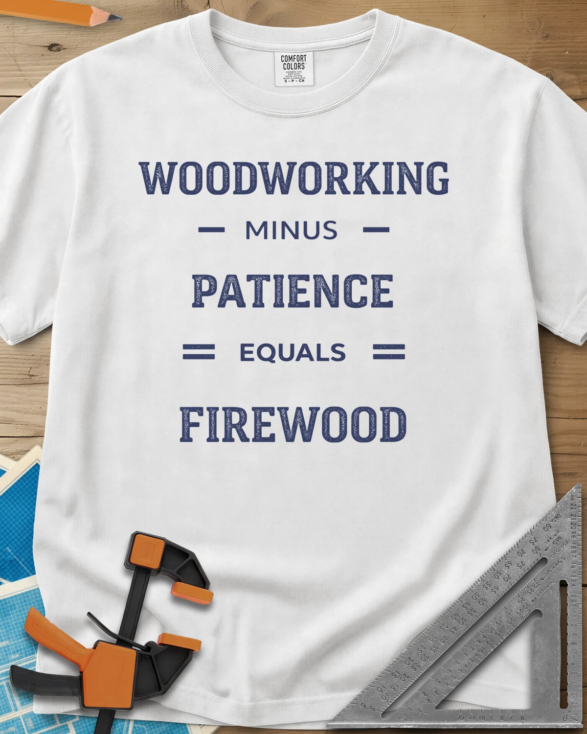Woodwork Minus Patience heavyweight tee in White, varsity lettering set out as a minus-and-equals sum