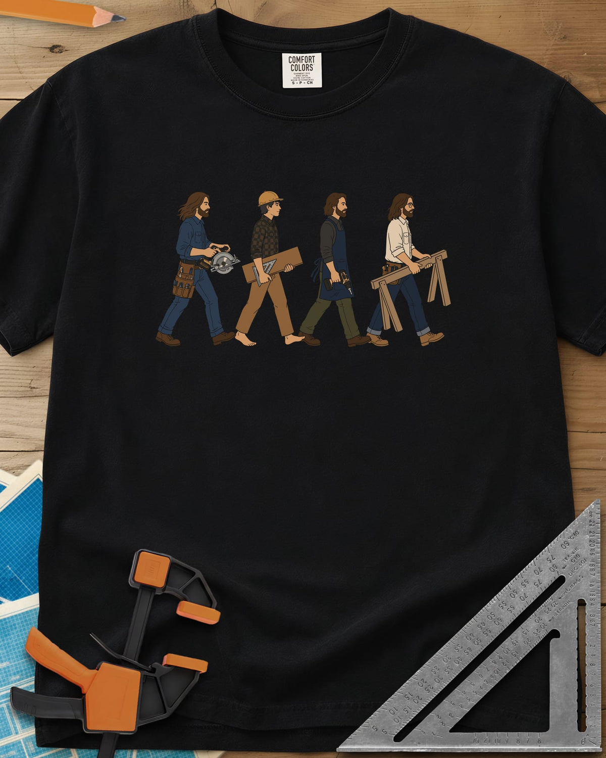 Woodworker Crossing heavyweight tee in Black, four woodworkers walking in single file with tools