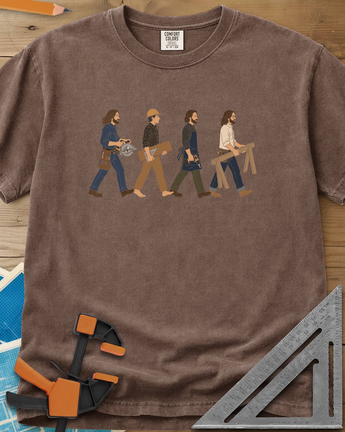 Woodworker Crossing heavyweight tee in Espresso, four woodworkers walking in single file with tools