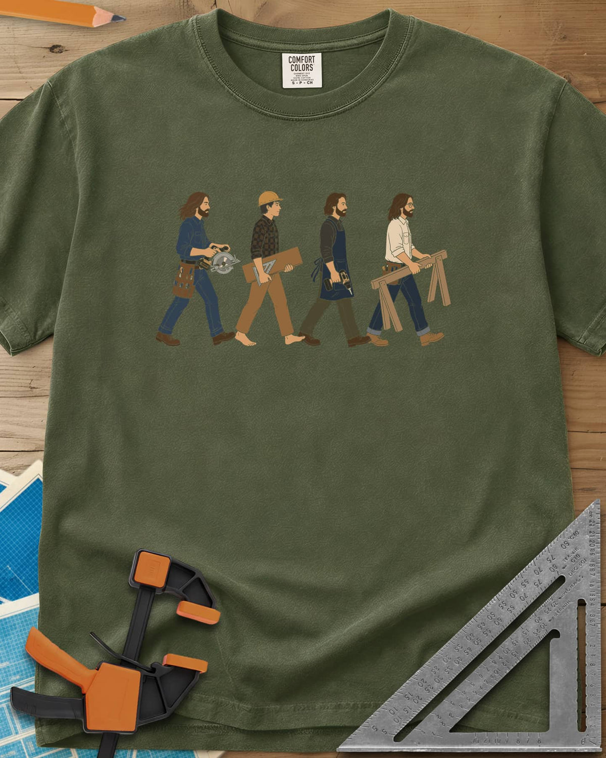 Woodworker Crossing heavyweight tee in Hemp, four woodworkers walking in single file with tools