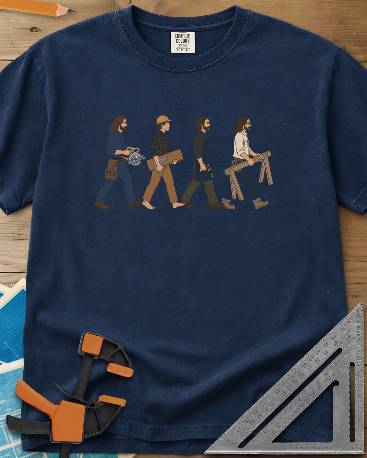 Woodworker Crossing heavyweight tee in Navy, four woodworkers walking in single file with tools