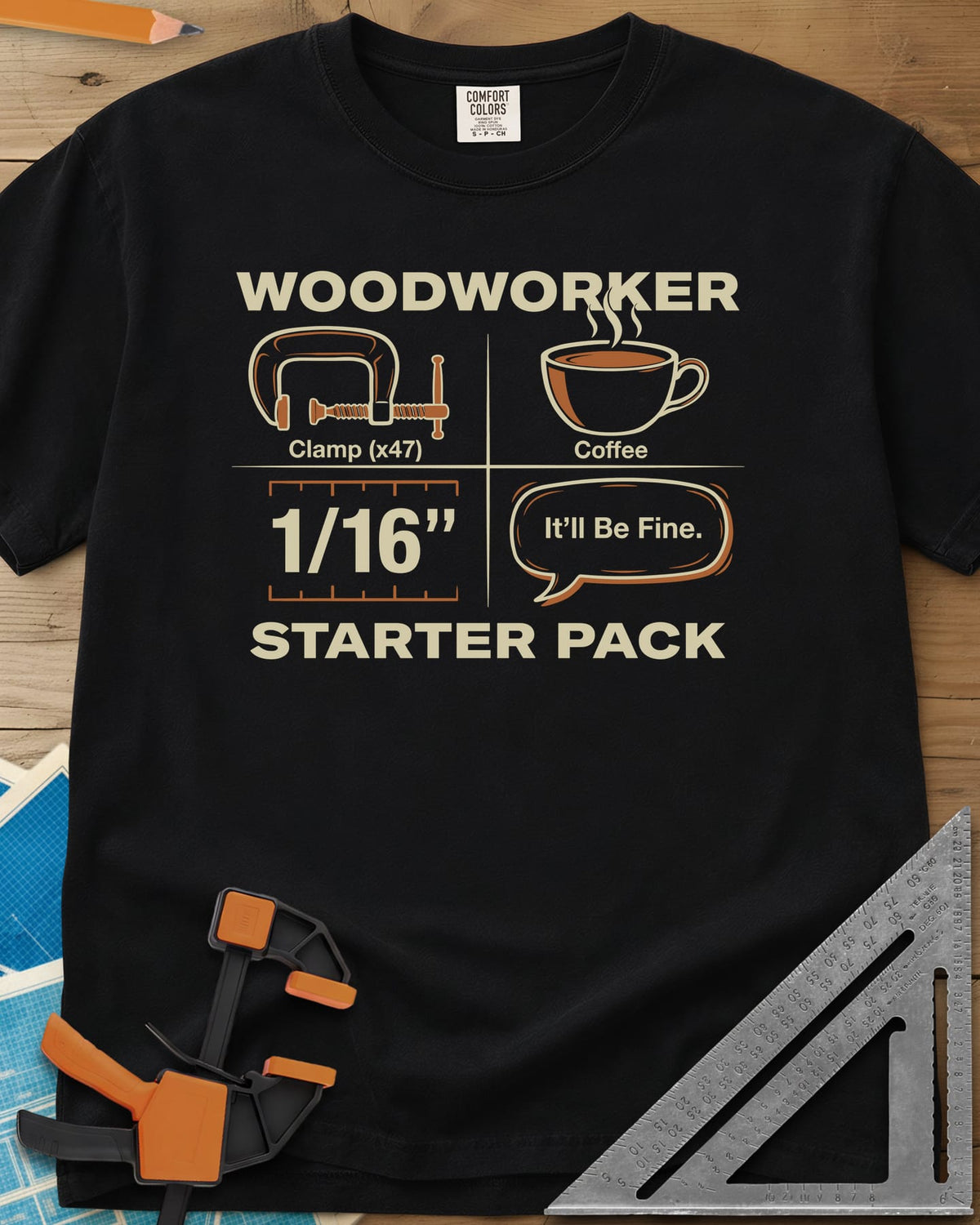 Woodworker Starter Pack heavyweight tee in Black, a four-square grid: clamp x47, coffee, 1/16 inch, It'll Be Fine