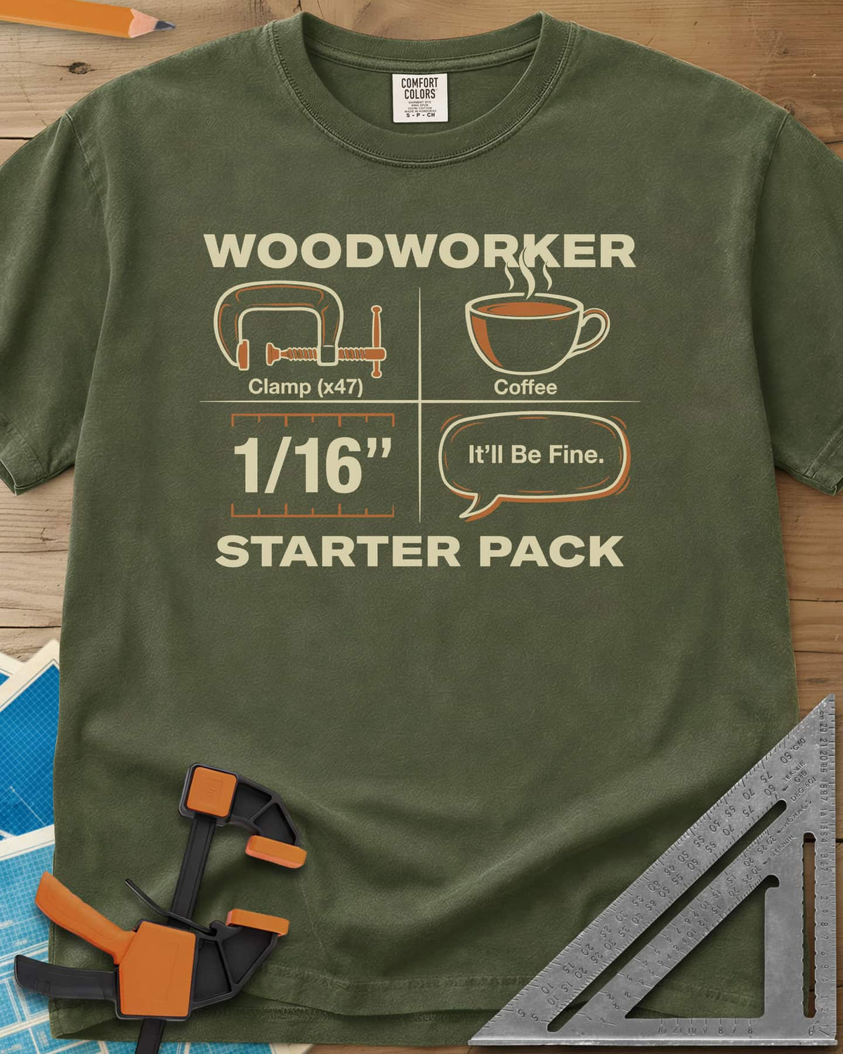 Woodworker Starter Pack heavyweight tee in Hemp, a four-square grid: clamp x47, coffee, 1/16 inch, It'll Be Fine