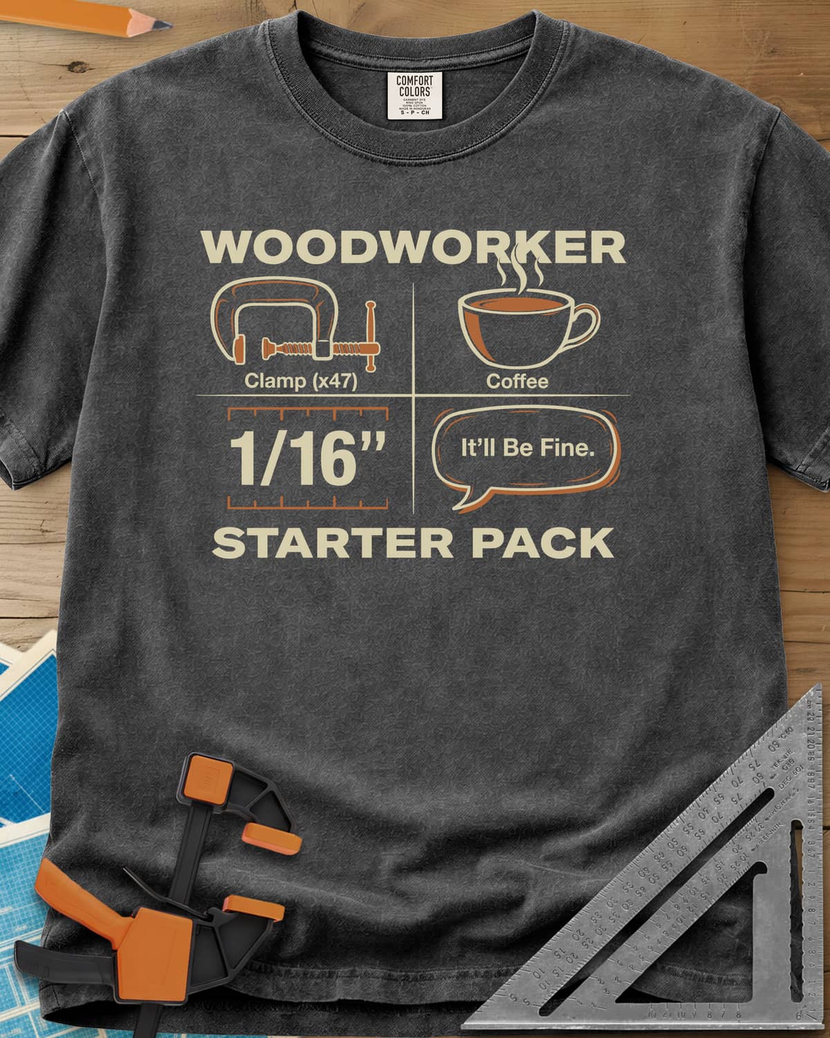 Woodworker Starter Pack heavyweight tee in Pepper, a four-square grid: clamp x47, coffee, 1/16 inch, It'll Be Fine