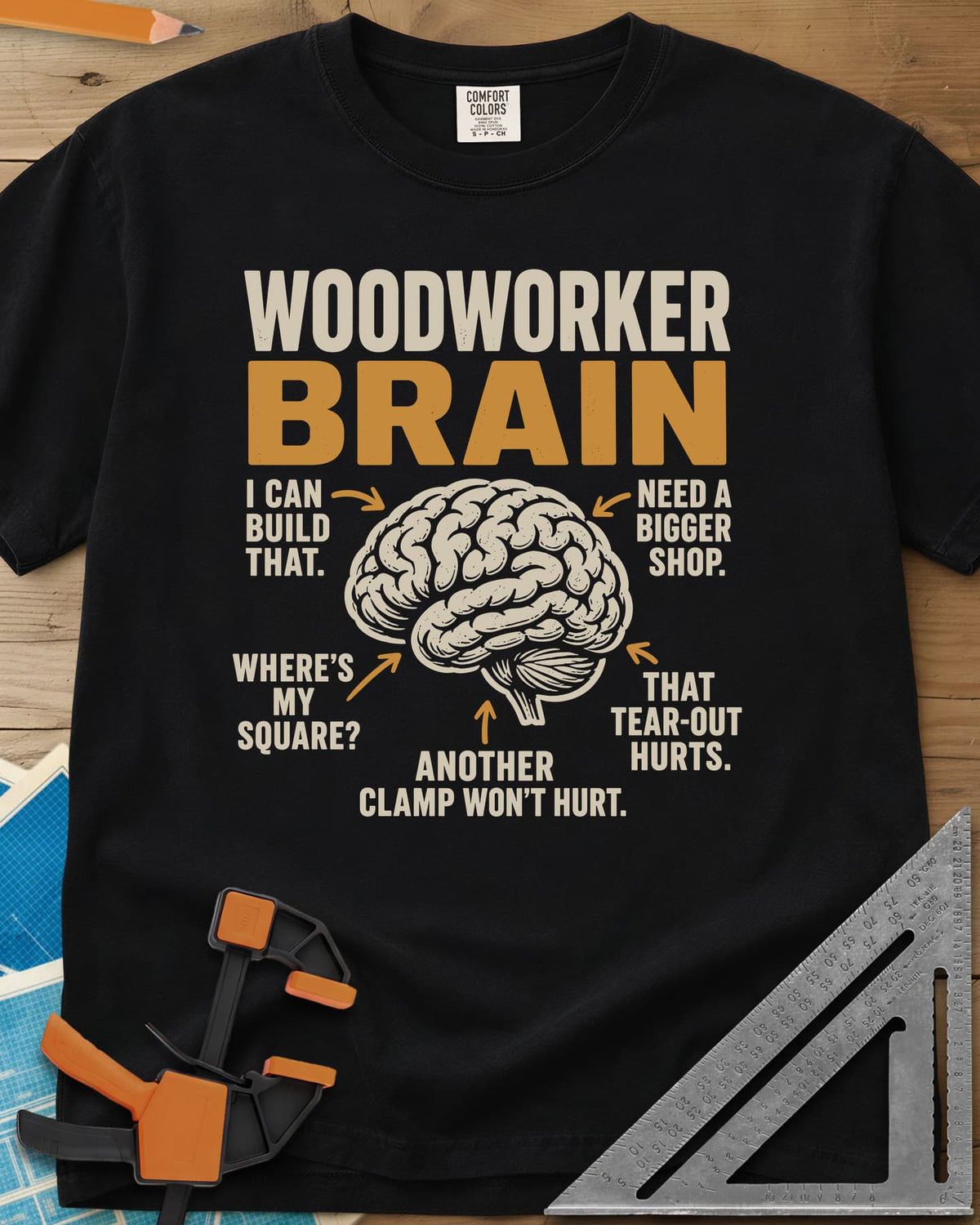 Woodworker's Brain heavyweight tee in Black, a brain with arrows pointing to five shop thoughts