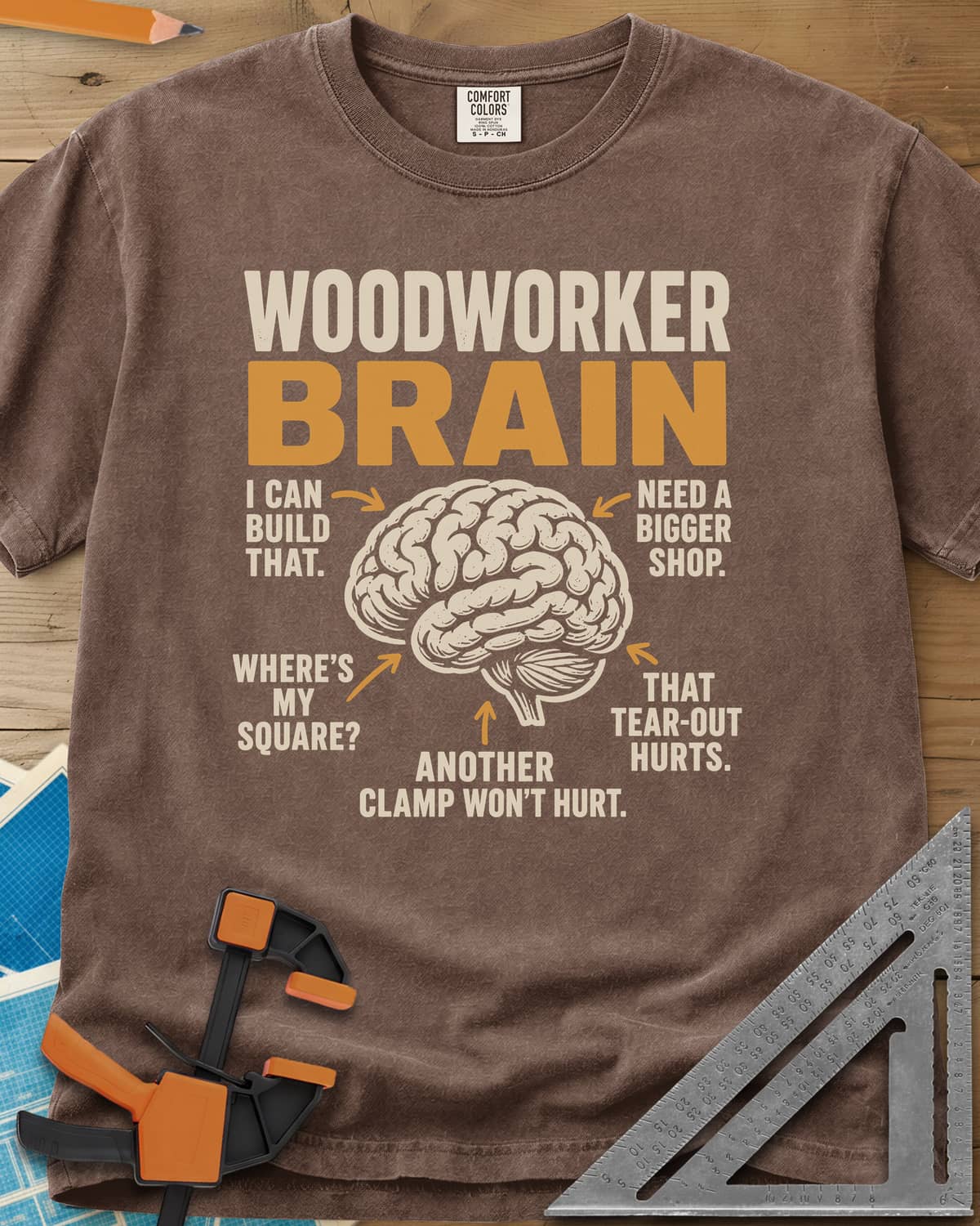 Woodworker's Brain heavyweight tee in Espresso, a brain with arrows pointing to five shop thoughts