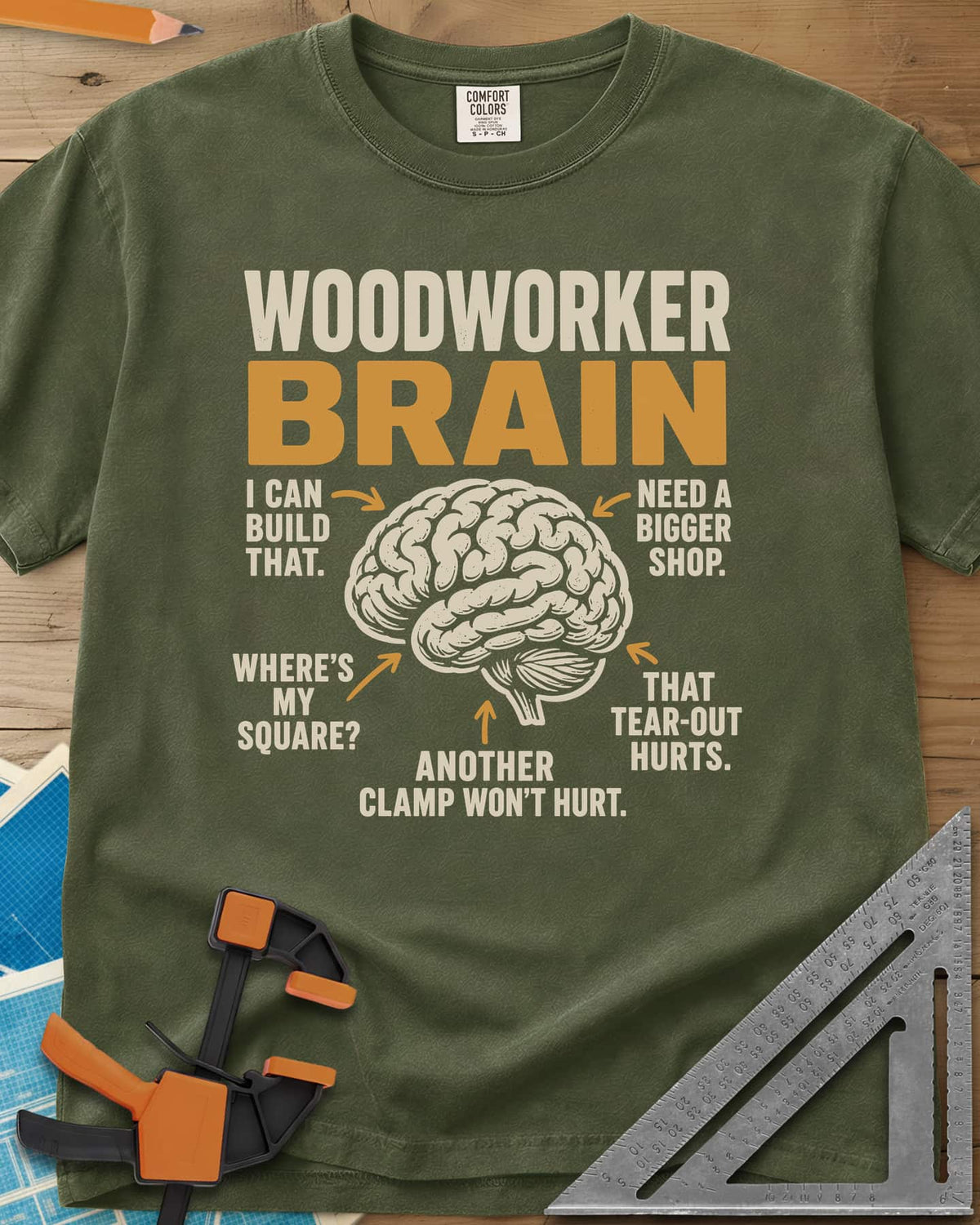 Woodworker's Brain heavyweight tee in Hemp, a brain with arrows pointing to five shop thoughts