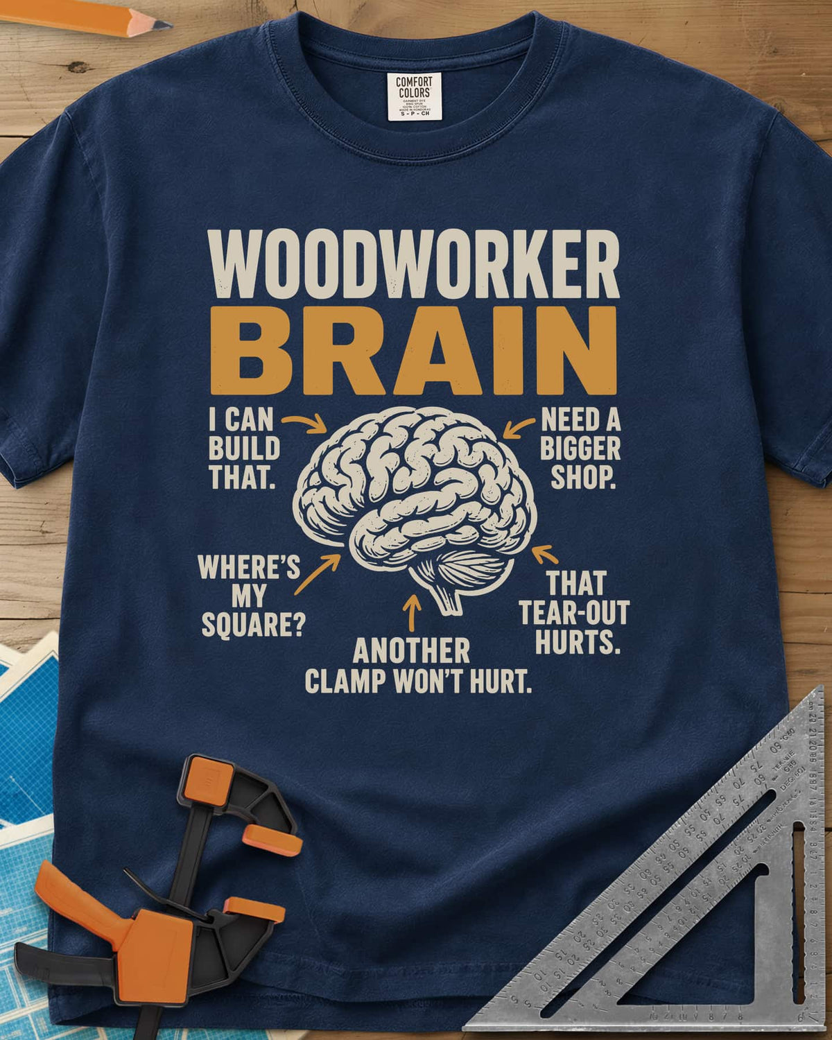 Woodworker's Brain heavyweight tee in Navy, a brain with arrows pointing to five shop thoughts