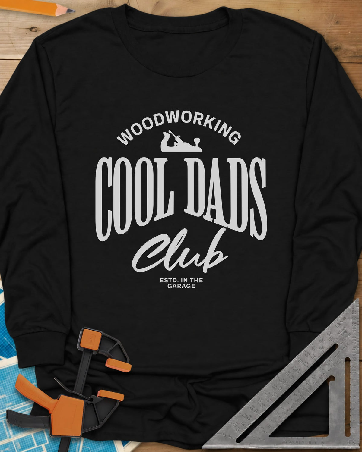 Woodworking Cool Dads long sleeve shirt in Black, club-style lettering with a small hand plane silhouette