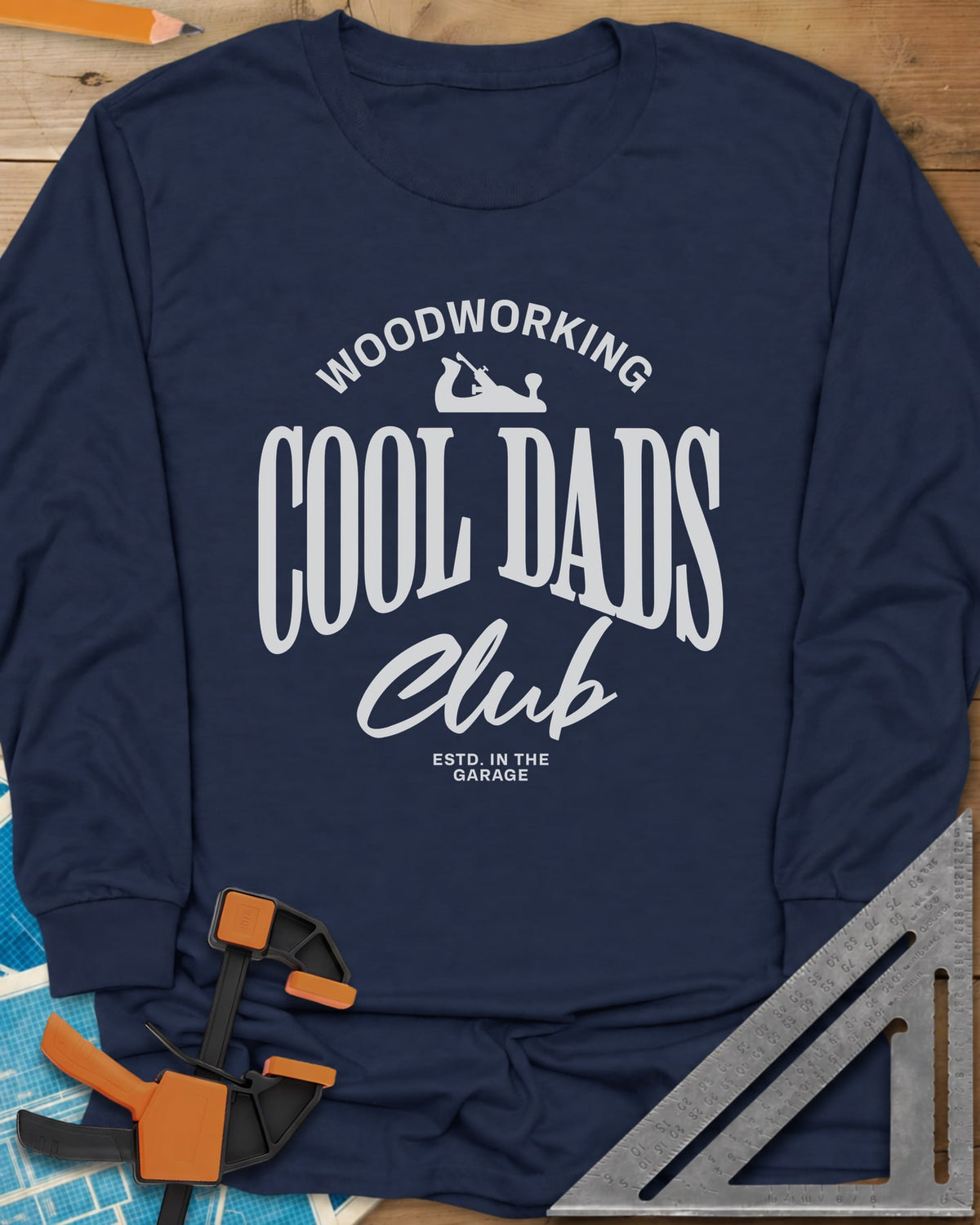 Woodworking Cool Dads long sleeve shirt in Navy, club-style lettering with a small hand plane silhouette