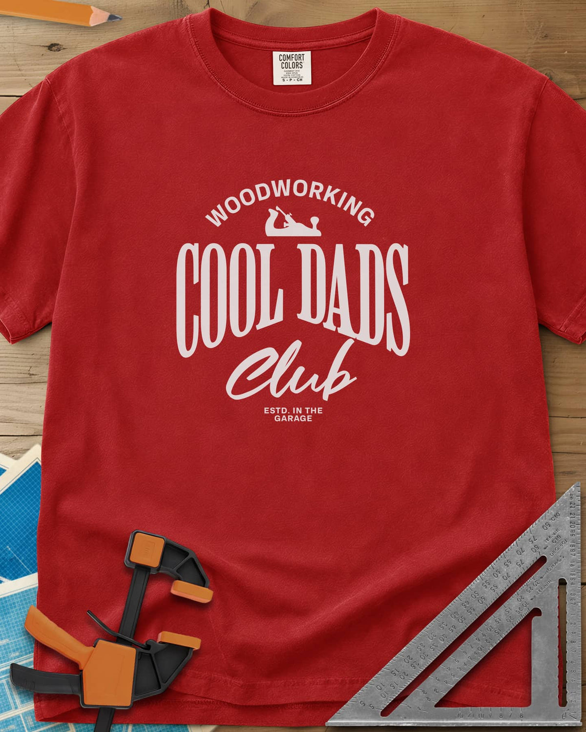 Woodworking Cool Dads heavyweight tee in Red, club-style lettering with a small hand plane silhouette