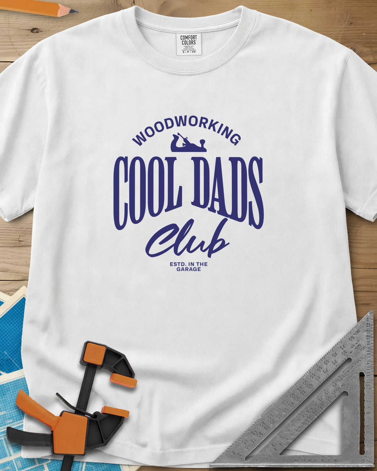 Woodworking Cool Dads heavyweight tee in White, club-style lettering with a small hand plane silhouette