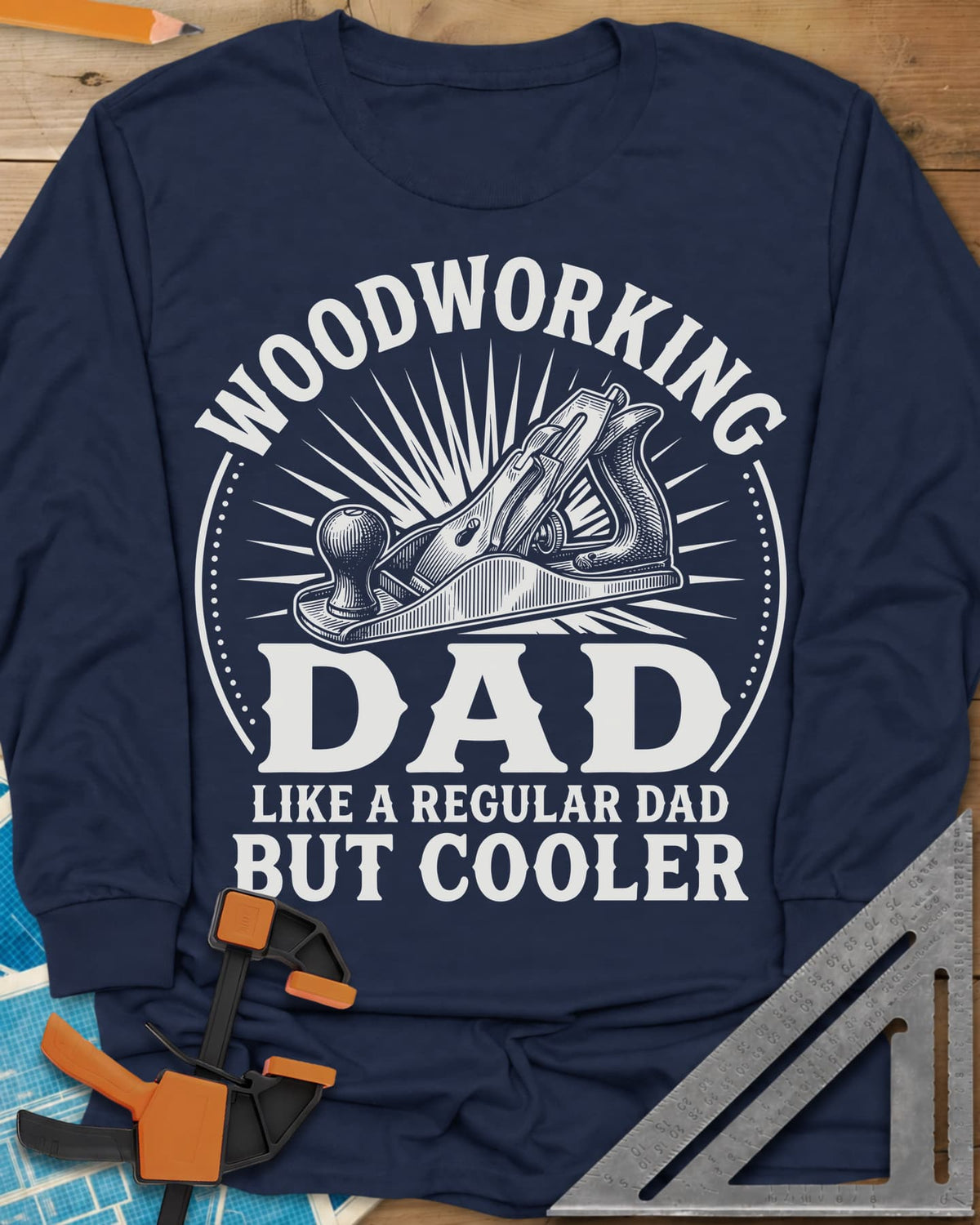 Woodworking Dad But Cooler long sleeve shirt in Navy, an engraved hand plane in a sunburst circle