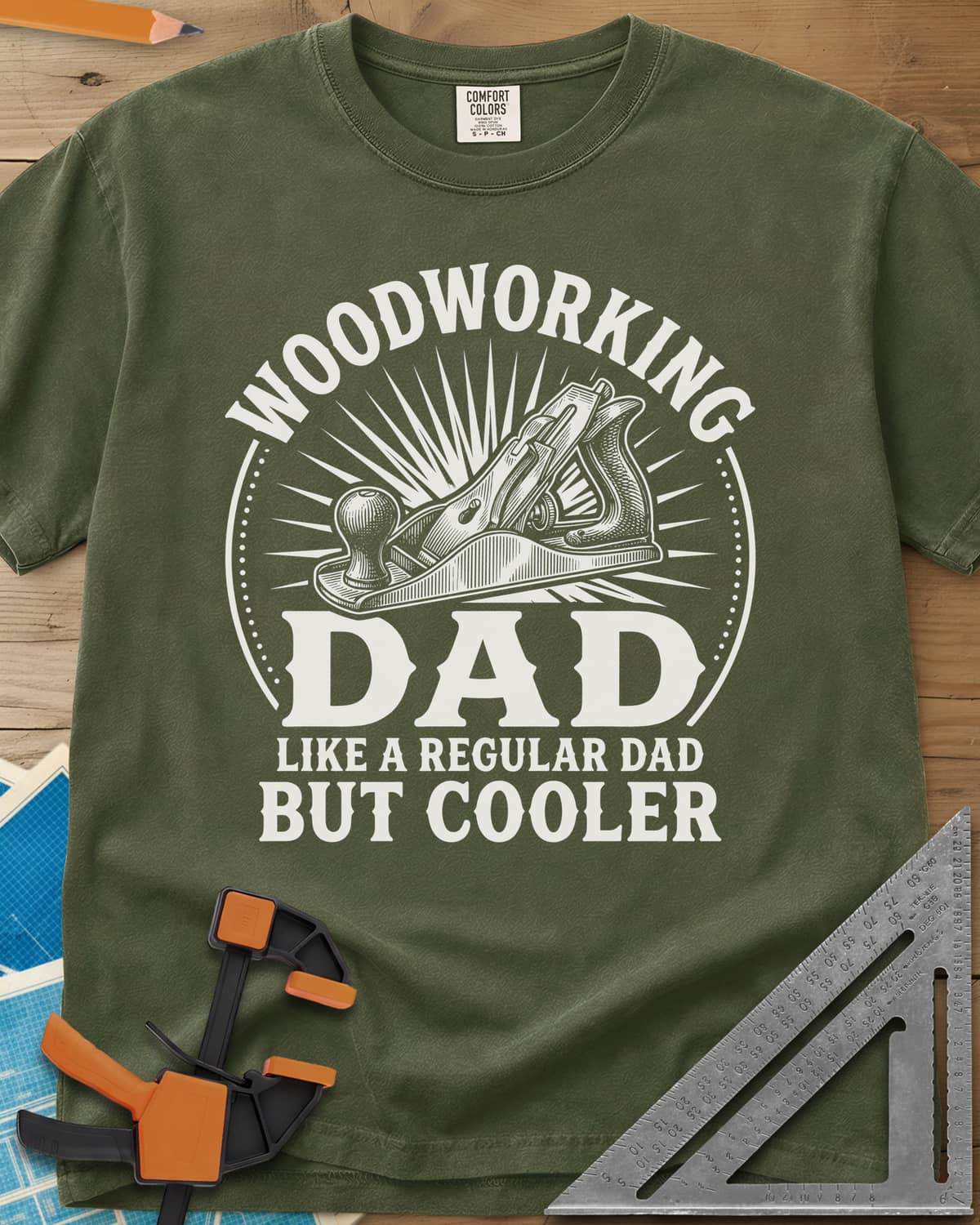Woodworking Dad But Cooler heavyweight tee in Hemp, an engraved hand plane in a sunburst circle