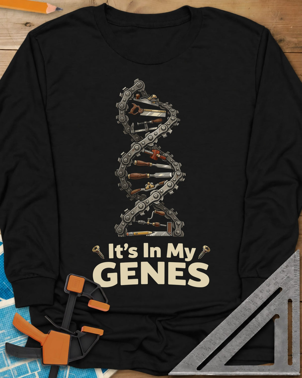Woodworking DNA long sleeve shirt in Black, a DNA helix of chain links with woodworking tools for rungs