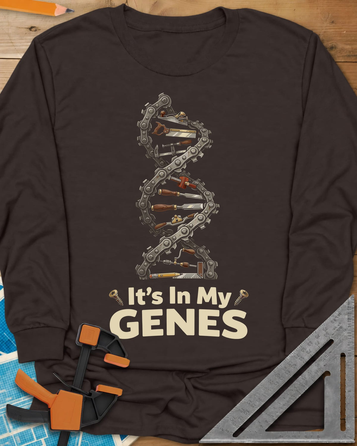 Woodworking DNA long sleeve shirt in Dark Chocolate, a DNA helix of chain links with woodworking tools for rungs