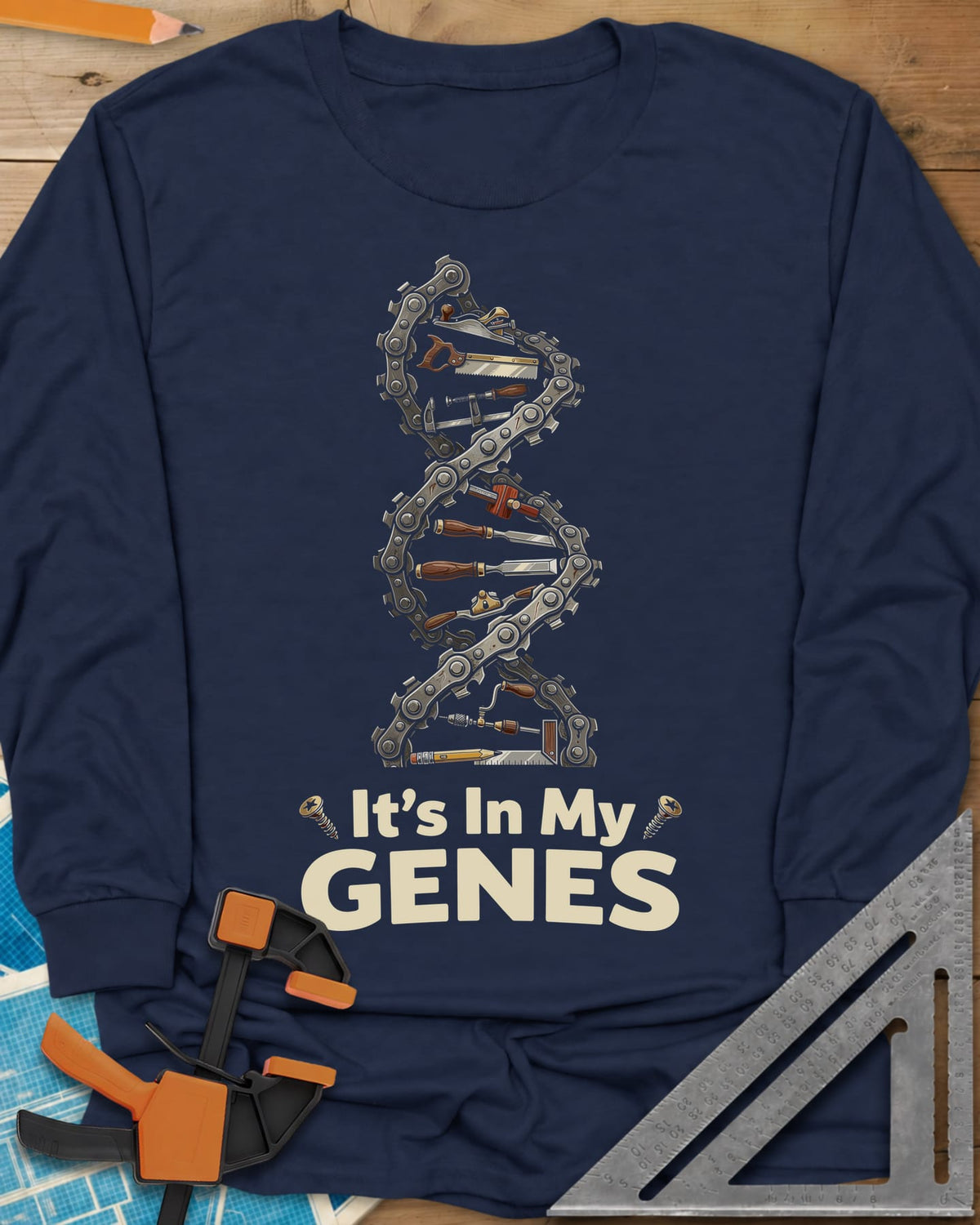 Woodworking DNA long sleeve shirt in Navy, a DNA helix of chain links with woodworking tools for rungs