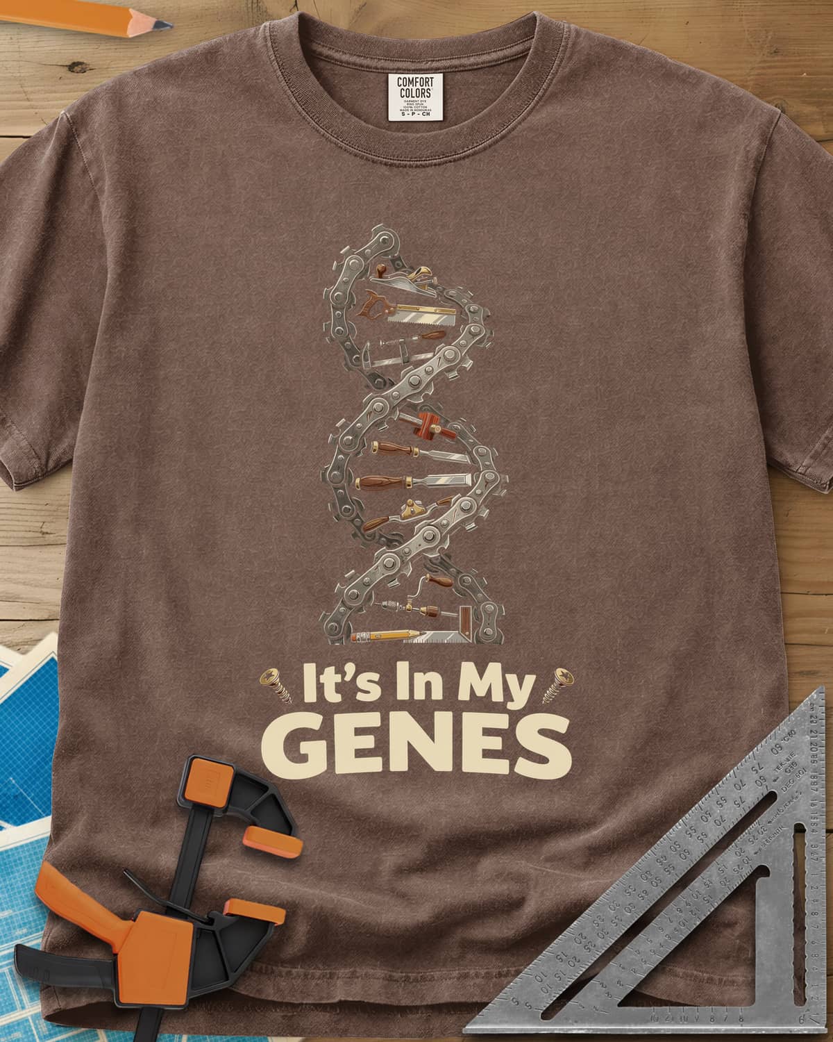 Woodworking DNA heavyweight tee in Espresso, a DNA helix of chain links with woodworking tools for rungs