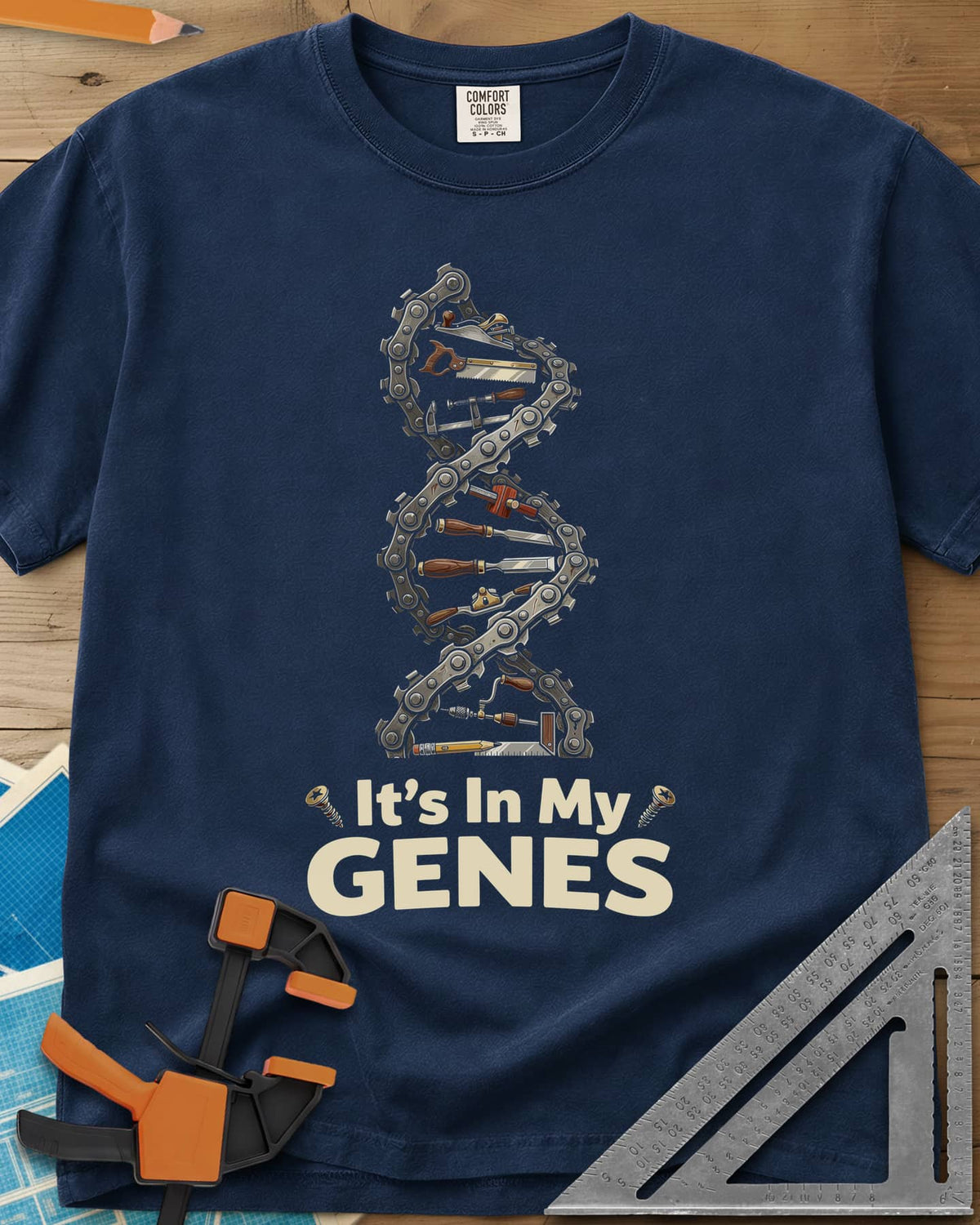 Woodworking DNA heavyweight tee in Navy, a DNA helix of chain links with woodworking tools for rungs