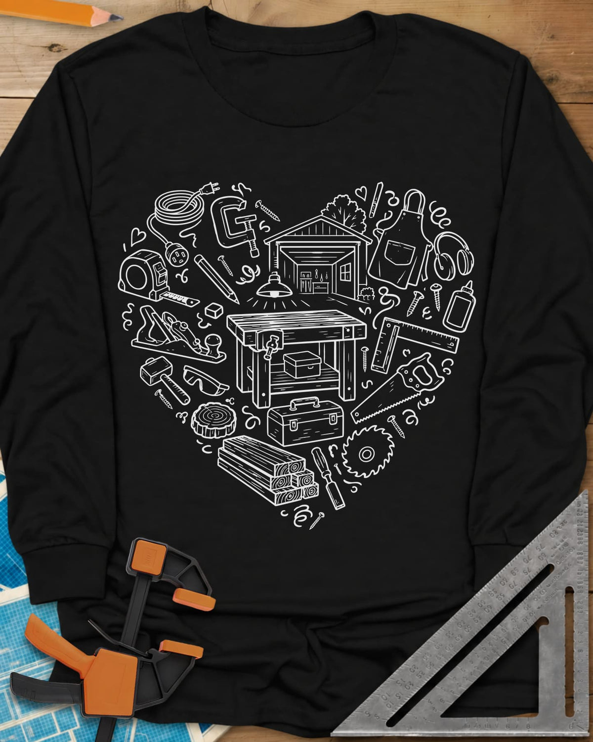 Woodworking Is My Happy Place long sleeve shirt in Black, a heart built from tiny shop tools, a workbench and a garage