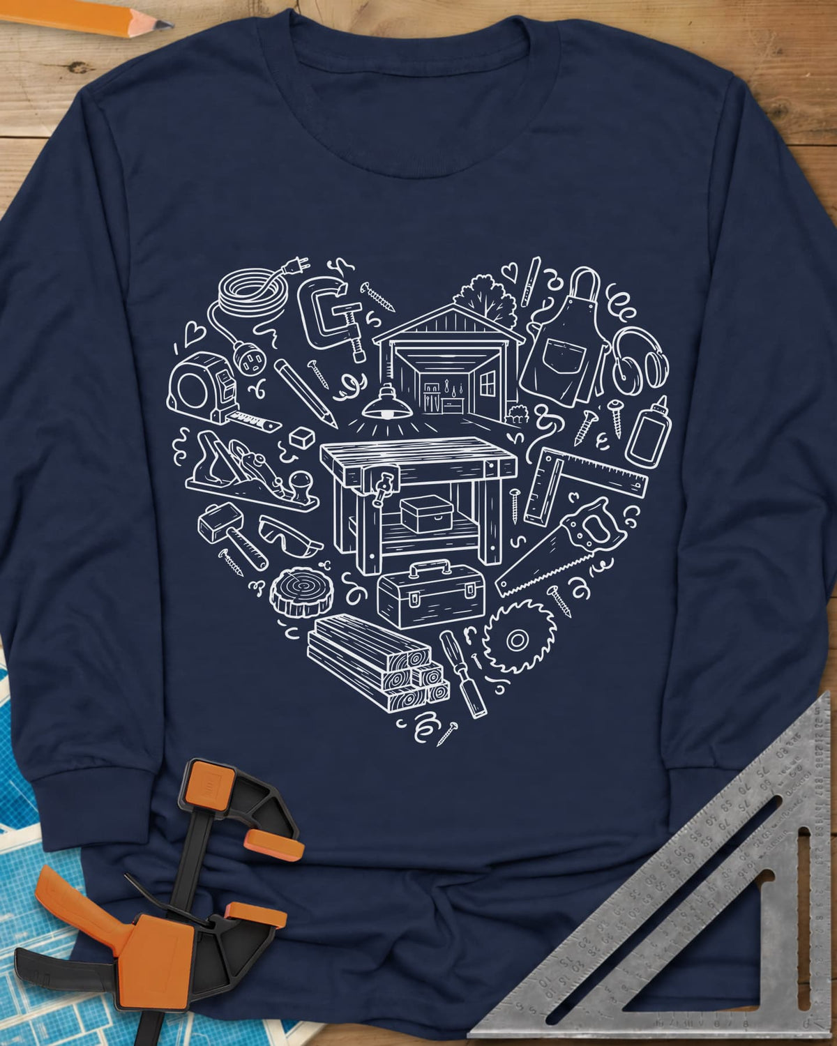 Woodworking Is My Happy Place long sleeve shirt in Navy, a heart built from tiny shop tools, a workbench and a garage