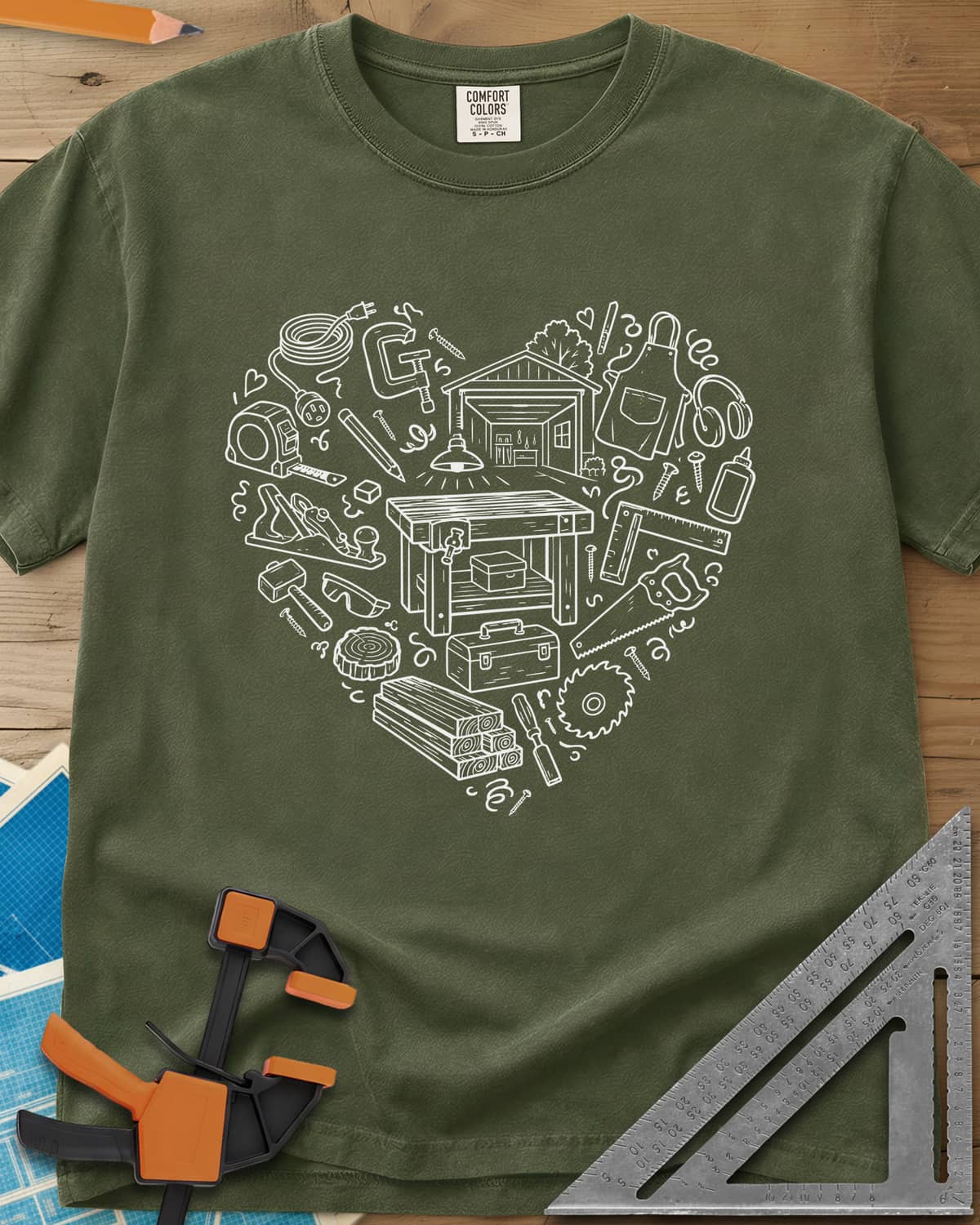 Woodworking Is My Happy Place heavyweight tee in Hemp, a heart built from tiny shop tools, a workbench and a garage