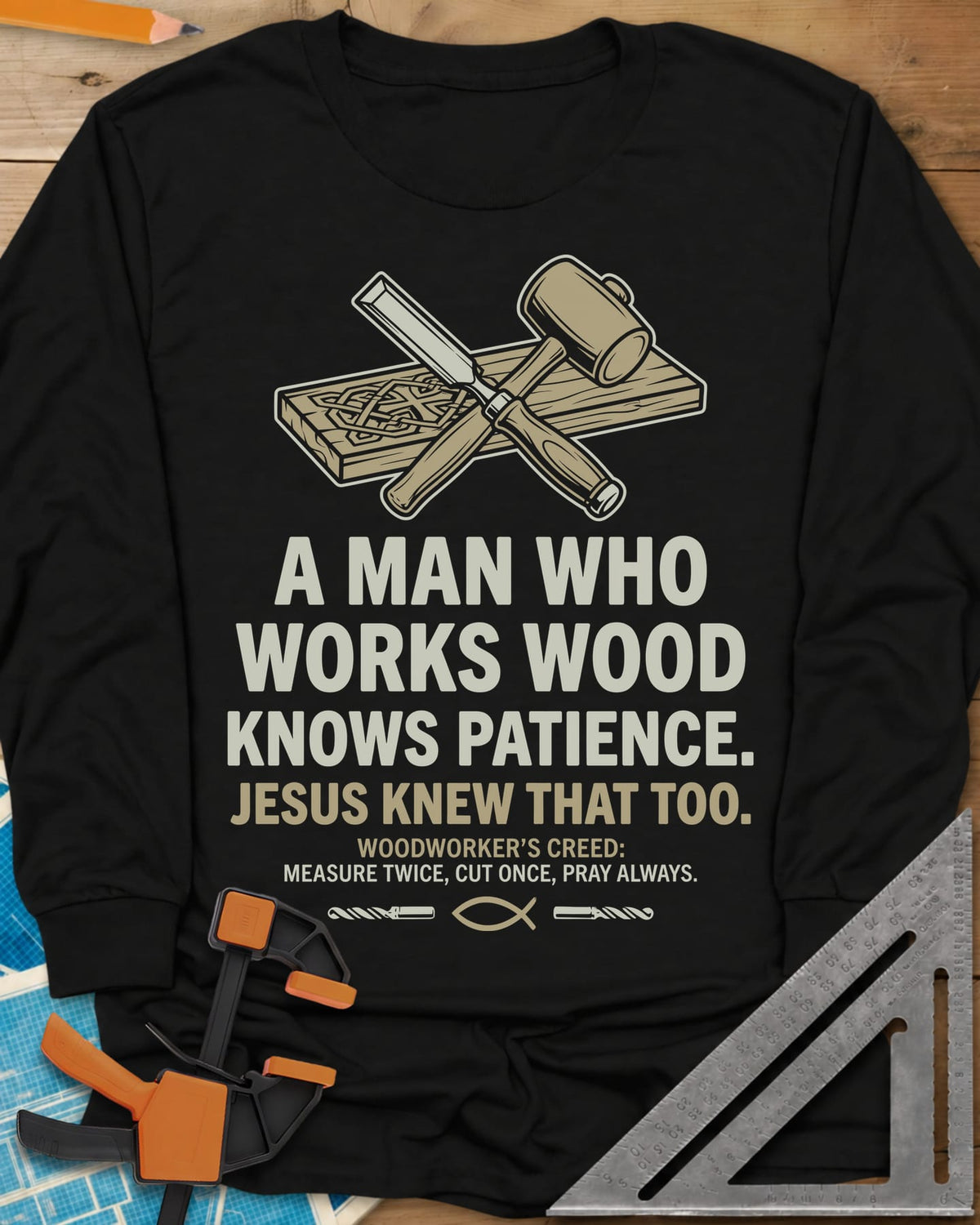 Works Wood Knows Patience long sleeve shirt in Black, a chisel and mallet crossed over a carved board, a small fish symbol