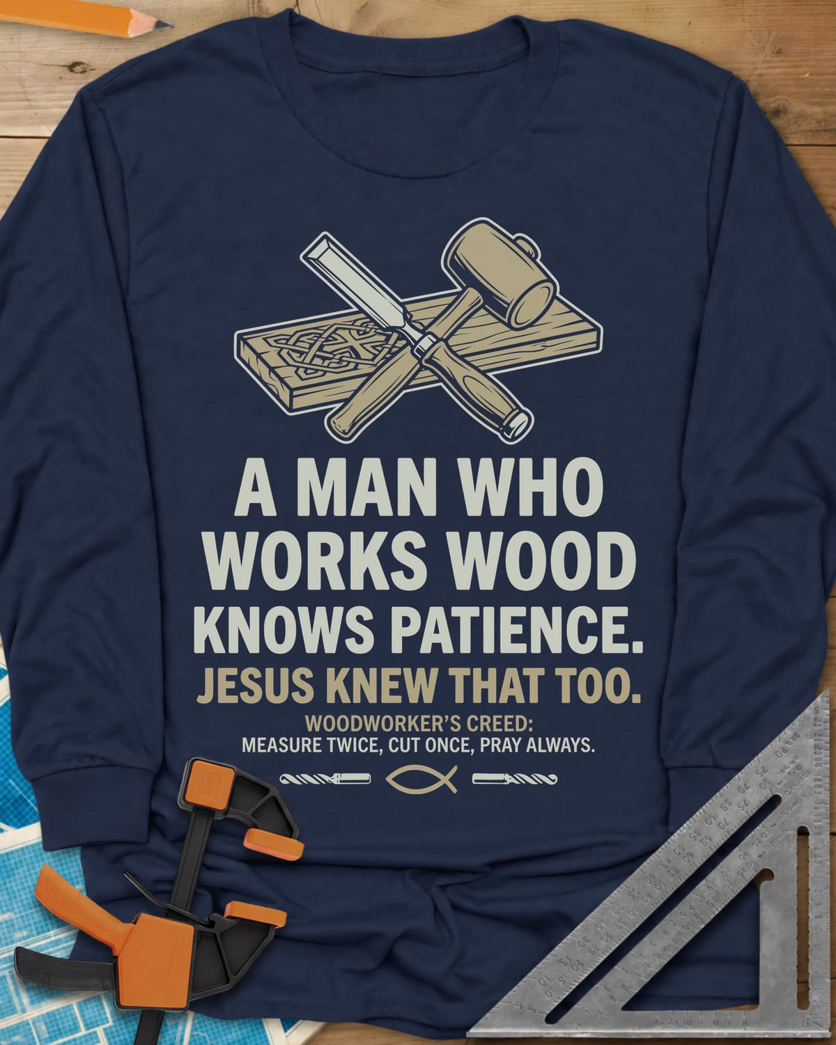 Works Wood Knows Patience long sleeve shirt in Navy, a chisel and mallet crossed over a carved board, a small fish symbol