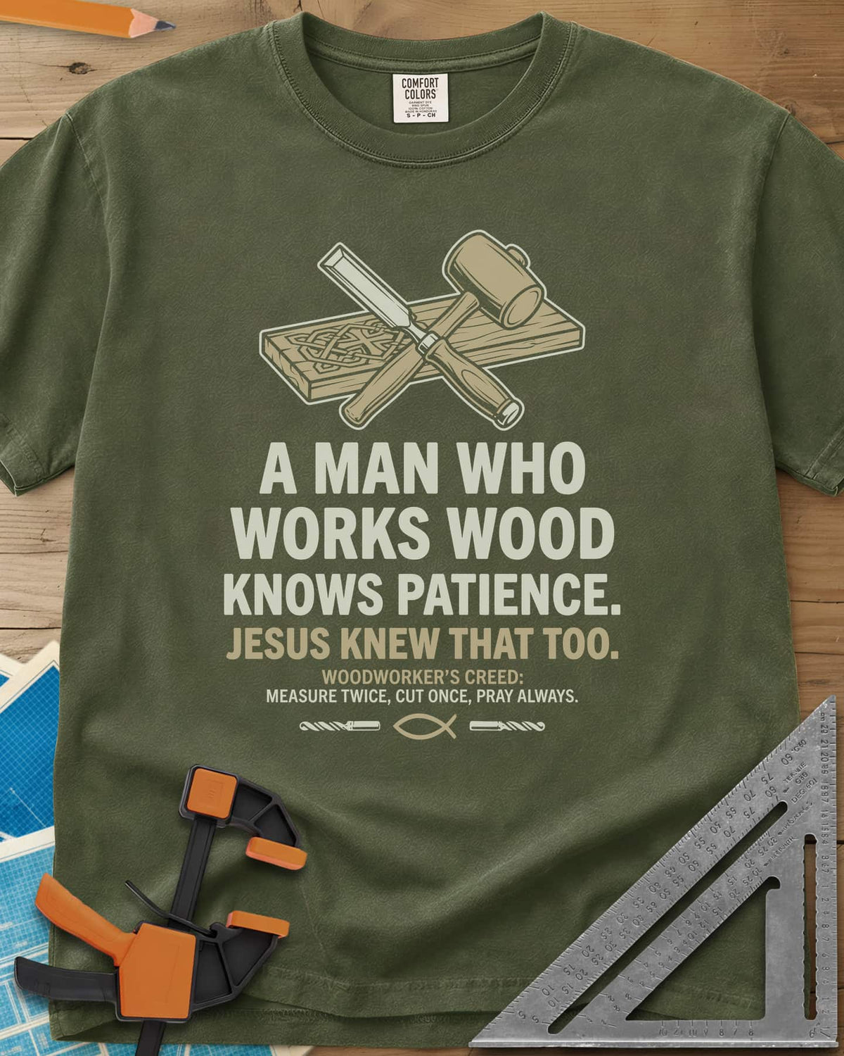 Works Wood Knows Patience heavyweight tee in Hemp, a chisel and mallet crossed over a carved board, a small fish symbol