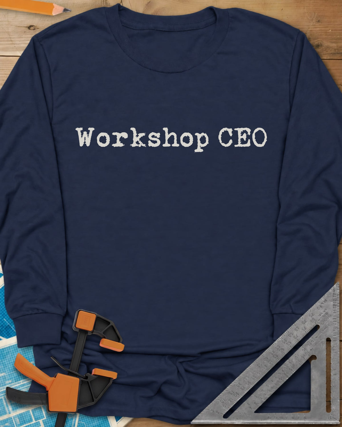 Workshop CEO long sleeve shirt in Navy, small typewriter-style lettering centered on the chest